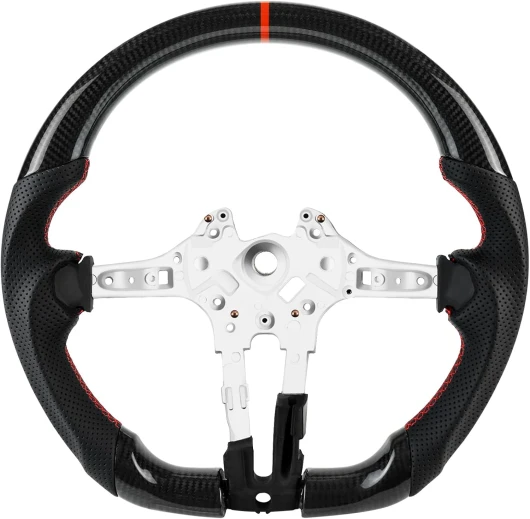 Acclcors Volant en véritable fibre de carbone fait à la main, ligne centrale rouge, poignée en cuir perforé pour BMW M Sport Series/pour M Performance série M3 F20 F22 F23 F30 F31 F87 M2 F82 F83 F15