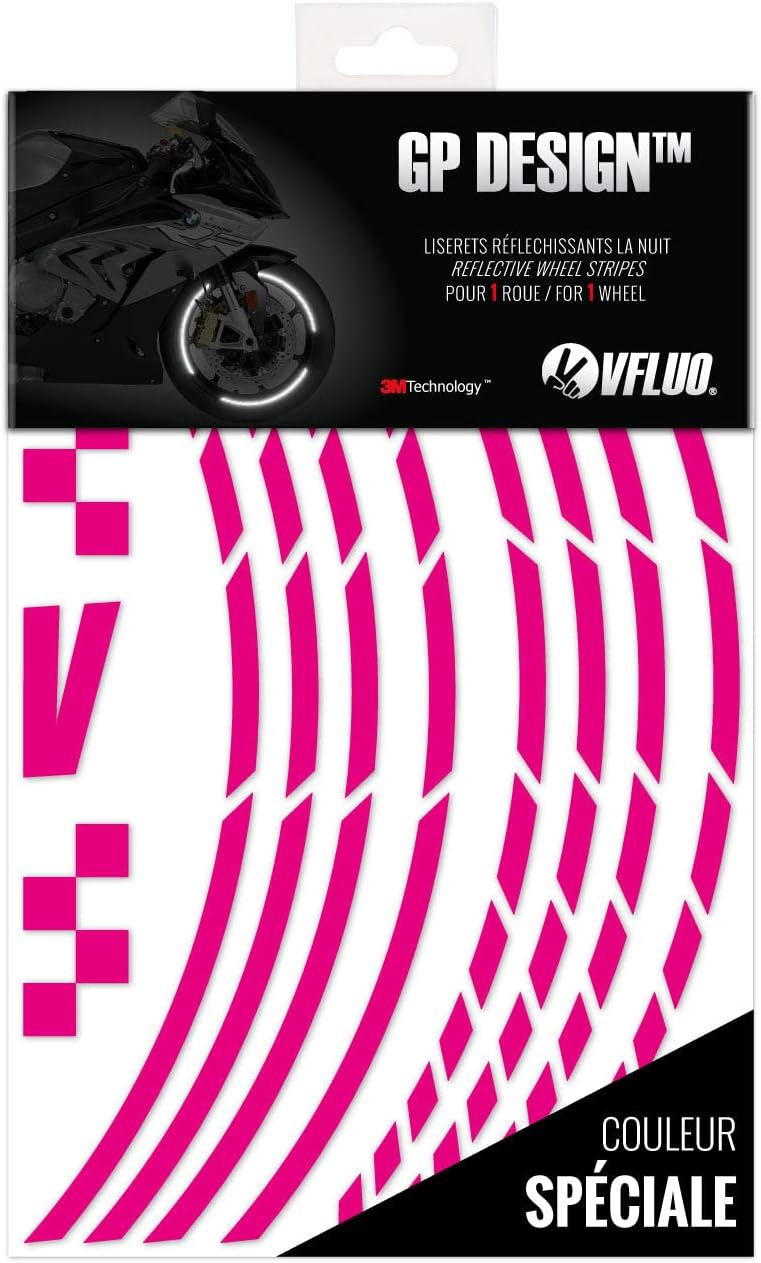 Kit Bandes Stickers Jantes Moto GP Rétro Réfléchissantes, Autocollants pour 1 Roue, 3M Technology™ - Haute visibilité latérale - Discret et Design - Pose facilitée Rose Jante 16" à 18" - Largeur normale : 7 mm