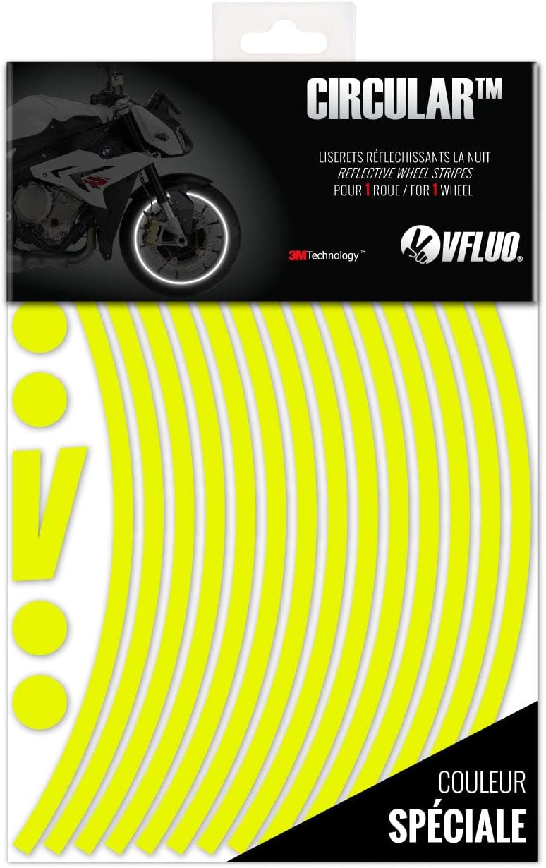 Kit Bandes Stickers Jantes Moto Rétro Réfléchissantes, Autocollants pour 1 Roue, 3M Technology™ - Haute visibilité latérale - Discret et Design - Pose facilitée Jaune Fluo Jantes 15" à 19", Largeur normale : 7 mm