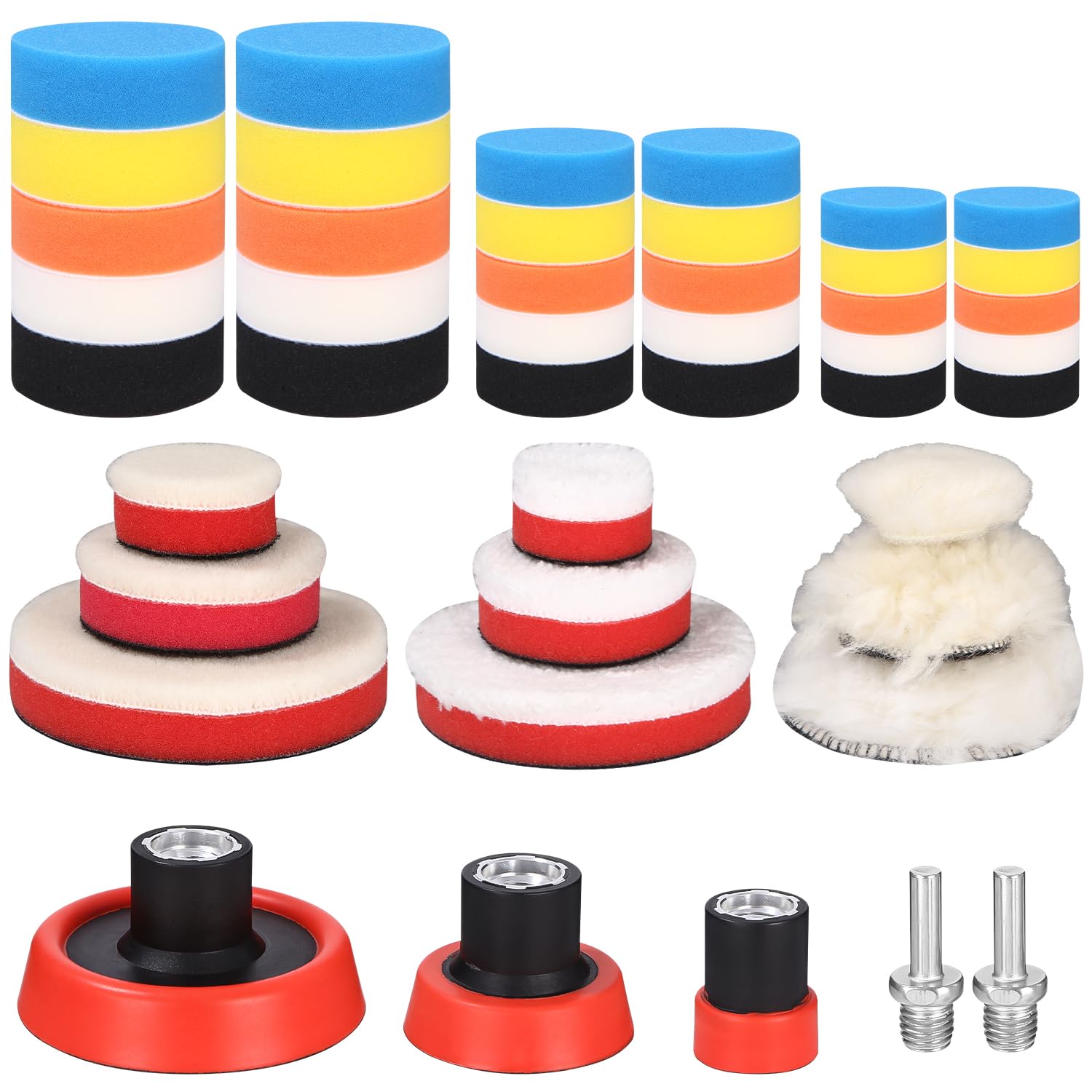 44 pièces Tampon de polissage, 25mm 50mm 80mm polissage Pad, Kit de Polissage, lustrage, éponge polissage, Laine De Polissage Cirage avec adaptateur M14 pour polisseuse de voiture