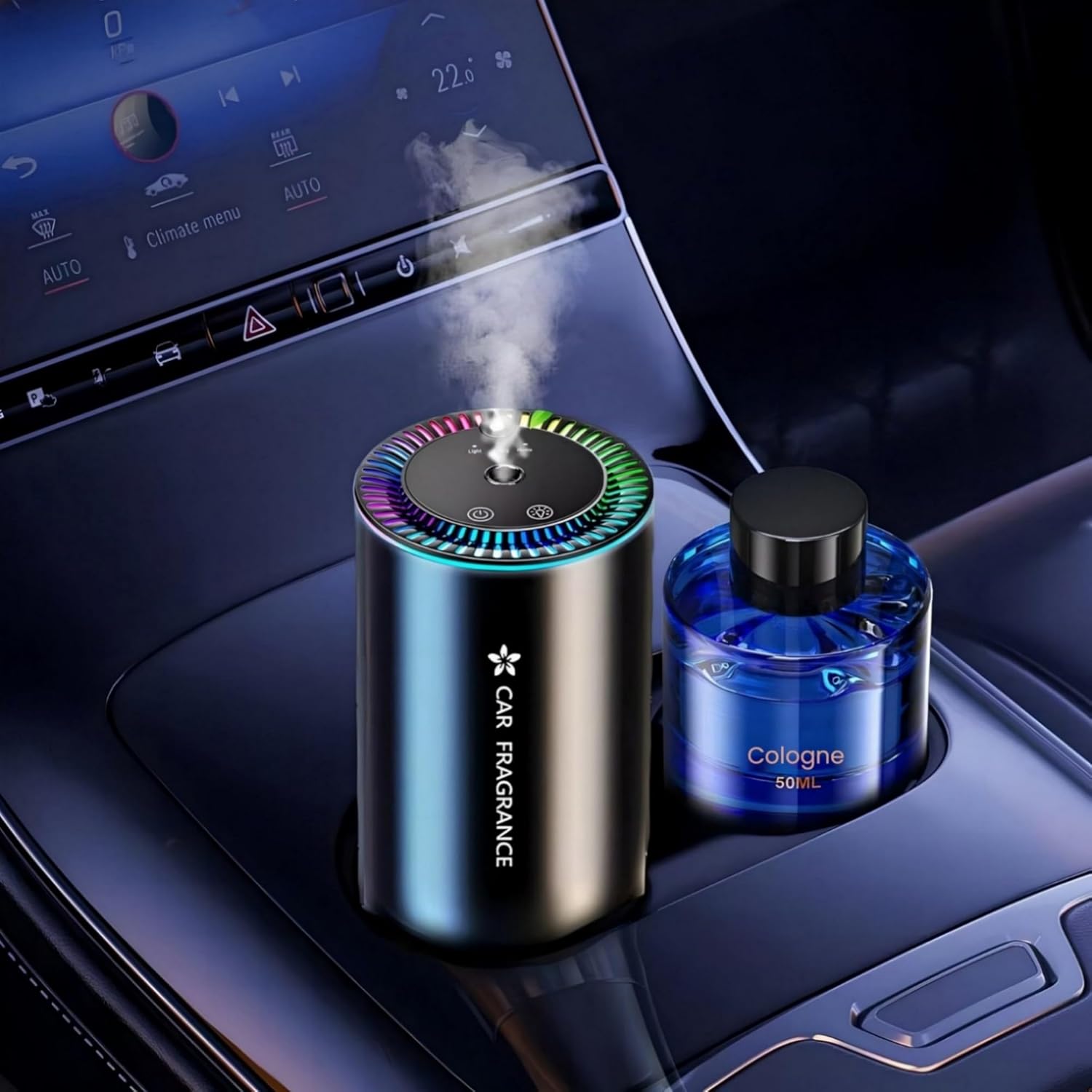 Diffuseur Voiture avec 50ml Parfum (Cologne), Sent Bon Diffuseur Électrique, On/Off Automatique, Atomiseur Ultrasonique, 3 Modes, Batterie Intégrée, Diffuseur d'Arômes pour Voiture Durée 5 Mois BJ-577 Colognee