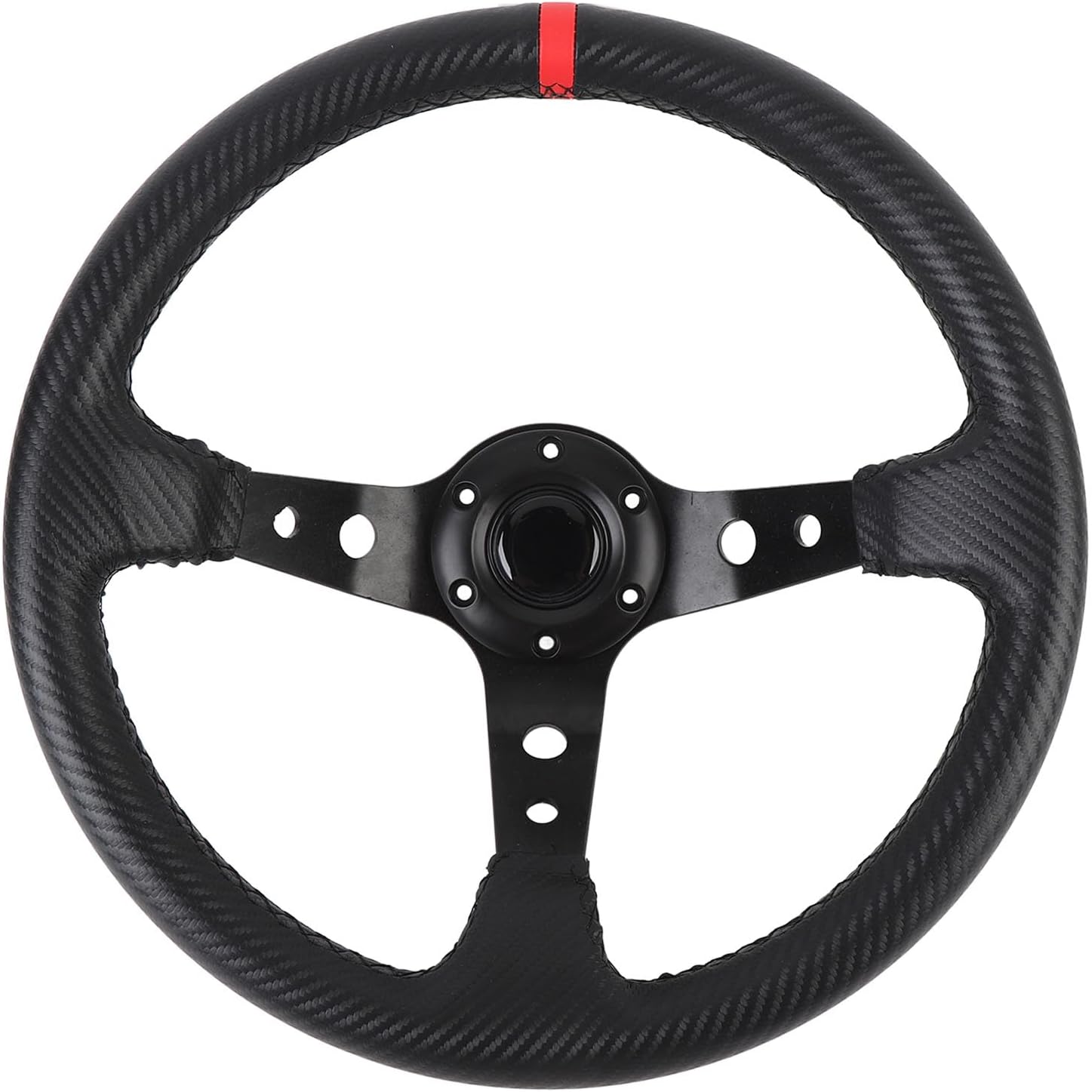 Volant de Course Automobile 14 Pouces, Volant Sport Aspect Fiber de Carbone avec Cadre en Aluminium, Vis de Montage et clé (rouge)