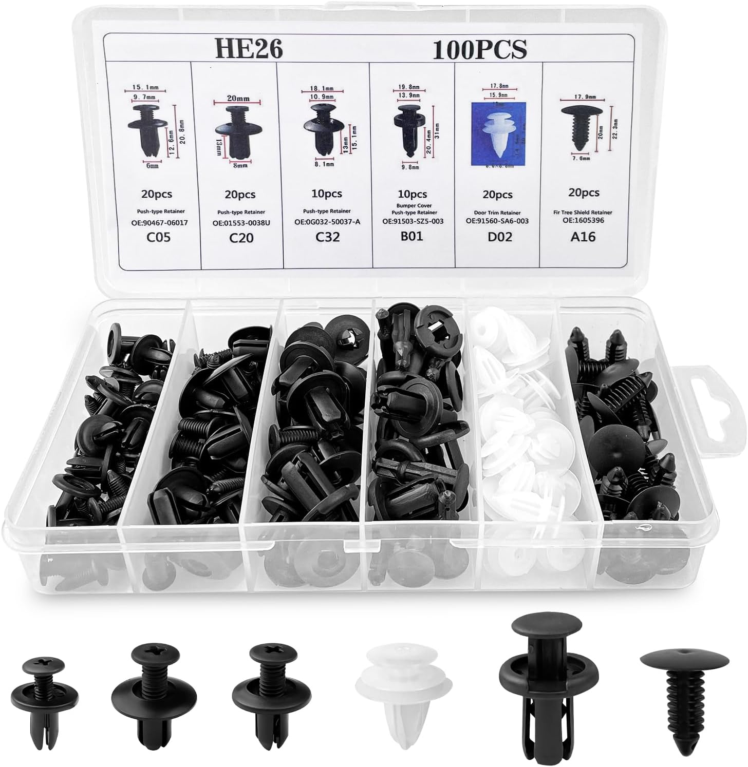 Fousenuk 100 Pièces Clips Voiture Universel, 6 Taille Clips de Fixation Voiture Outils, Rivet Plastique, Agrafes Carrosserie pour Pare-Chocs Porte de Voiture Fender Push Kit de Remplacement