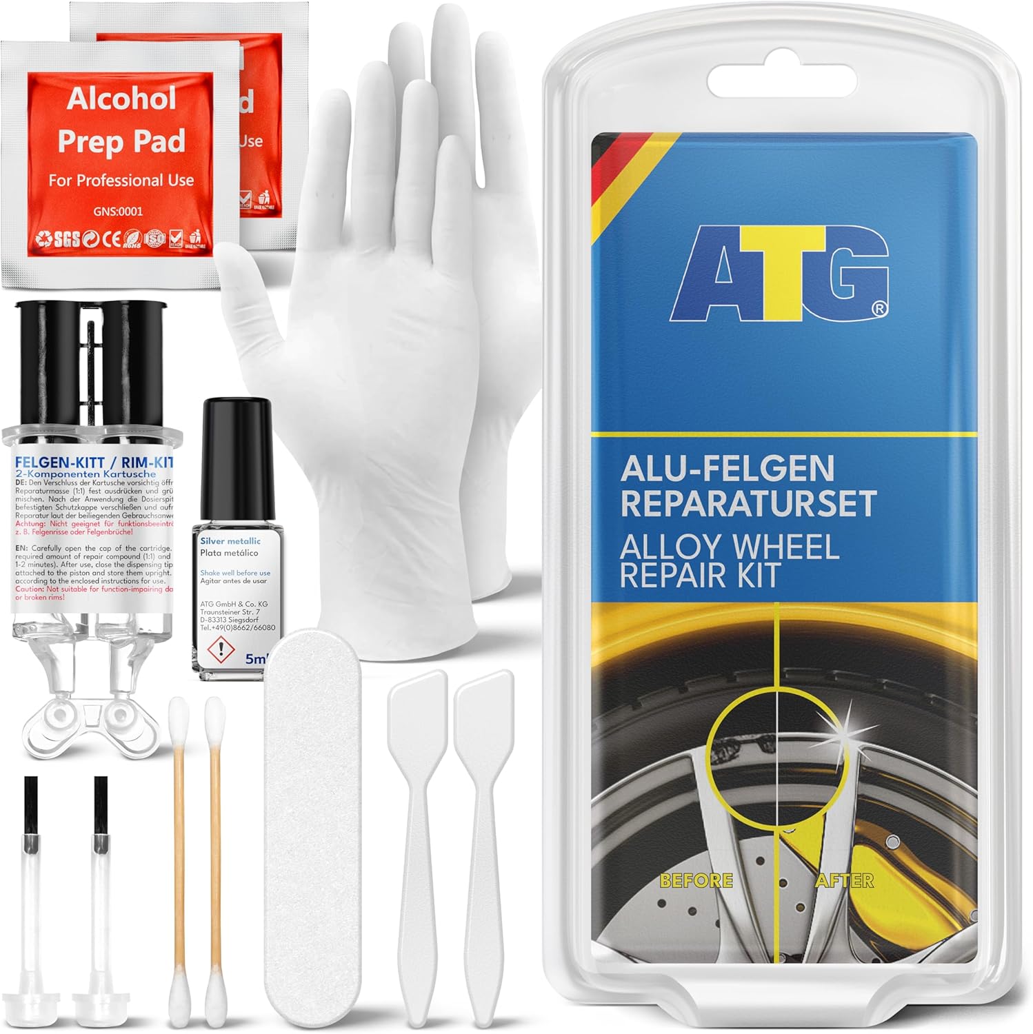 ATG Autozubehör-Teile-Gerl, ALU-Fix Kit de réparation pour Jantes alu, Réparation Rapide et Facile des Jantes alu, Stylo de retouche Inclus, 13pcs.