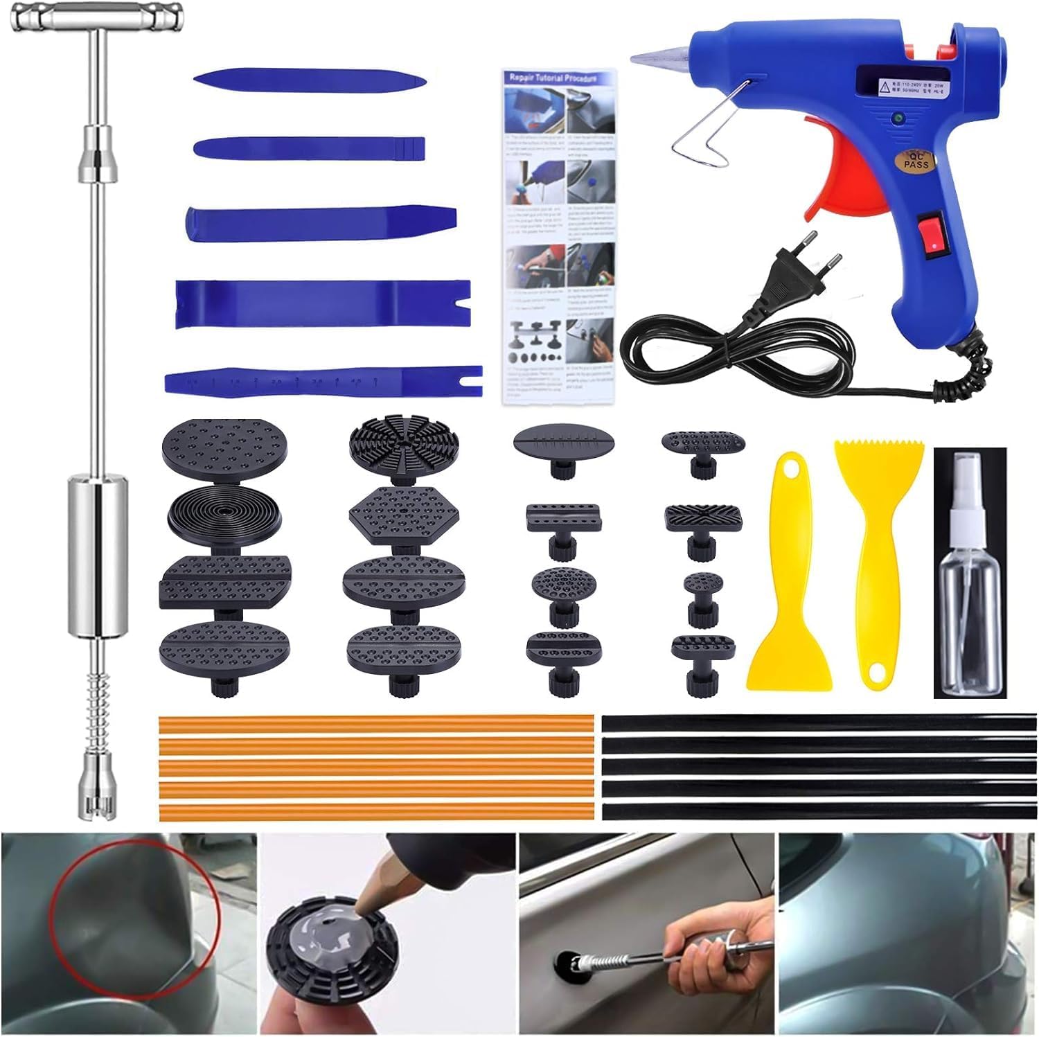 Ventouse Carrosserie et Kit Debosselage sans Peinture avec Pistolet à Colle Argent