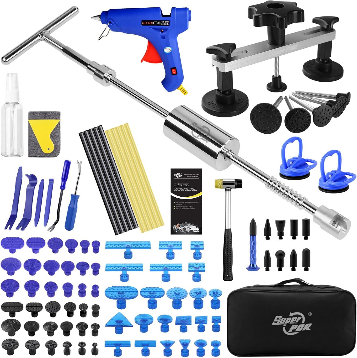 PDR TOOLS Outils de Réparation Carrosserie - Kit Débosselage Pro Auto avec Marteau Coulissant, Pistolet et Bâtons à Colle - Outil Débosselage sans Peinture PDR, Réparation Bosses Carrosserie Voiture