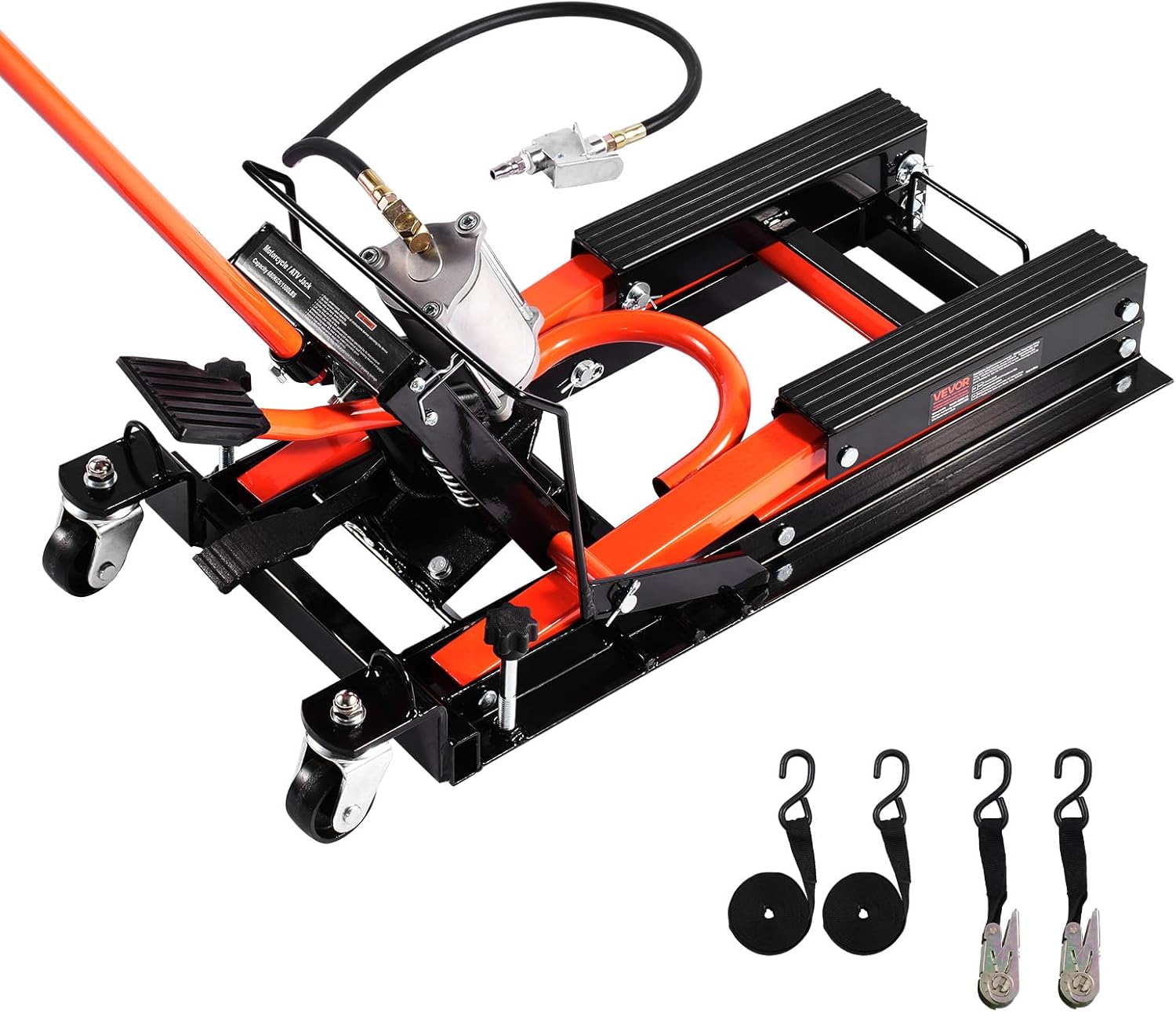 Cric de Moto Hydraulique et Pneumatique, Pont Élévateur Capacité de Charge 680 kg, Lève-Moto Hauteur de Levage 11,9 à 38,1 cm, avec Rampe Amovible et 2 roulettes, pour Entretien Quad ATV
