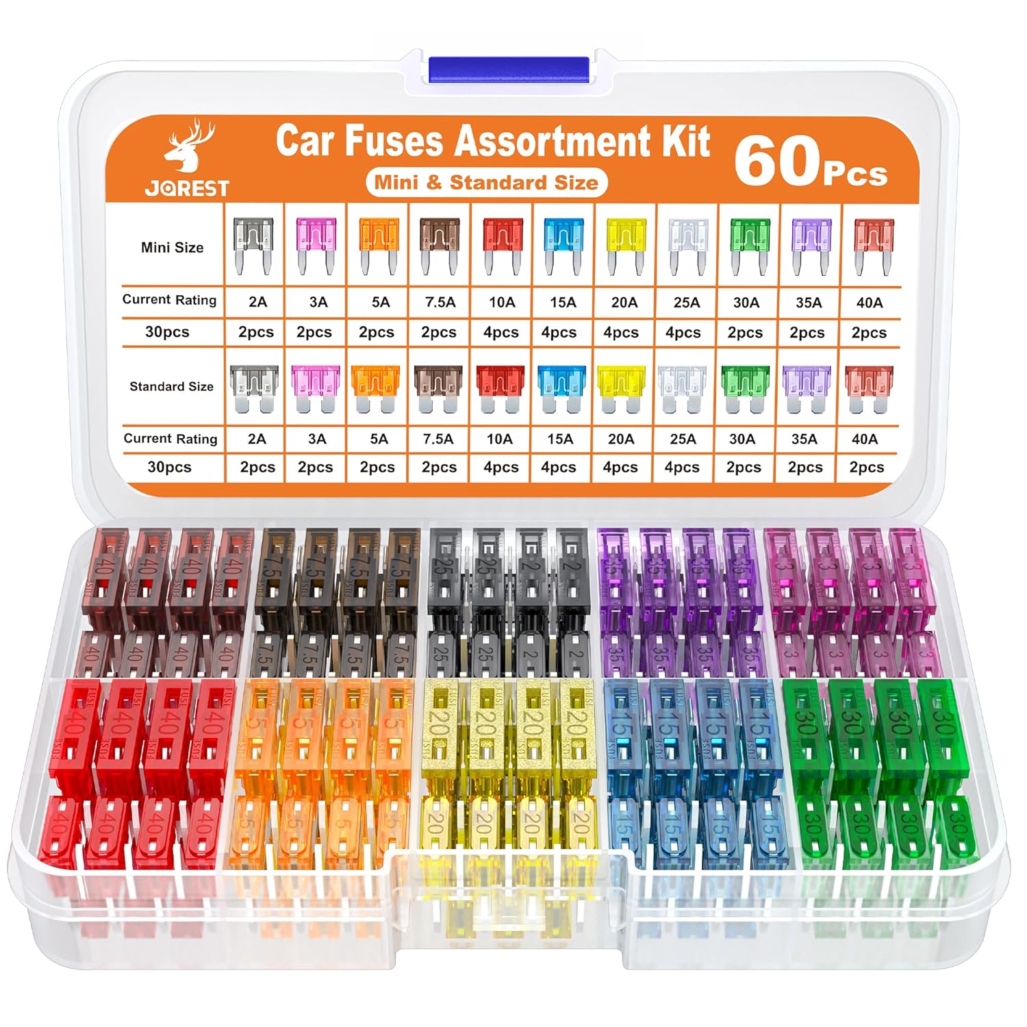 60Pcs Fusible Voiture Set pour Voiture/RV/Camion/Moto (2A 3A 5A 7.5A 10A 15A 20A 25A 30A 35A 40A) -30 Mini Fusible Auto + 30 Moyenne Fusible Automobile + 1Extracteur 60Pcs Mini & Moyenne