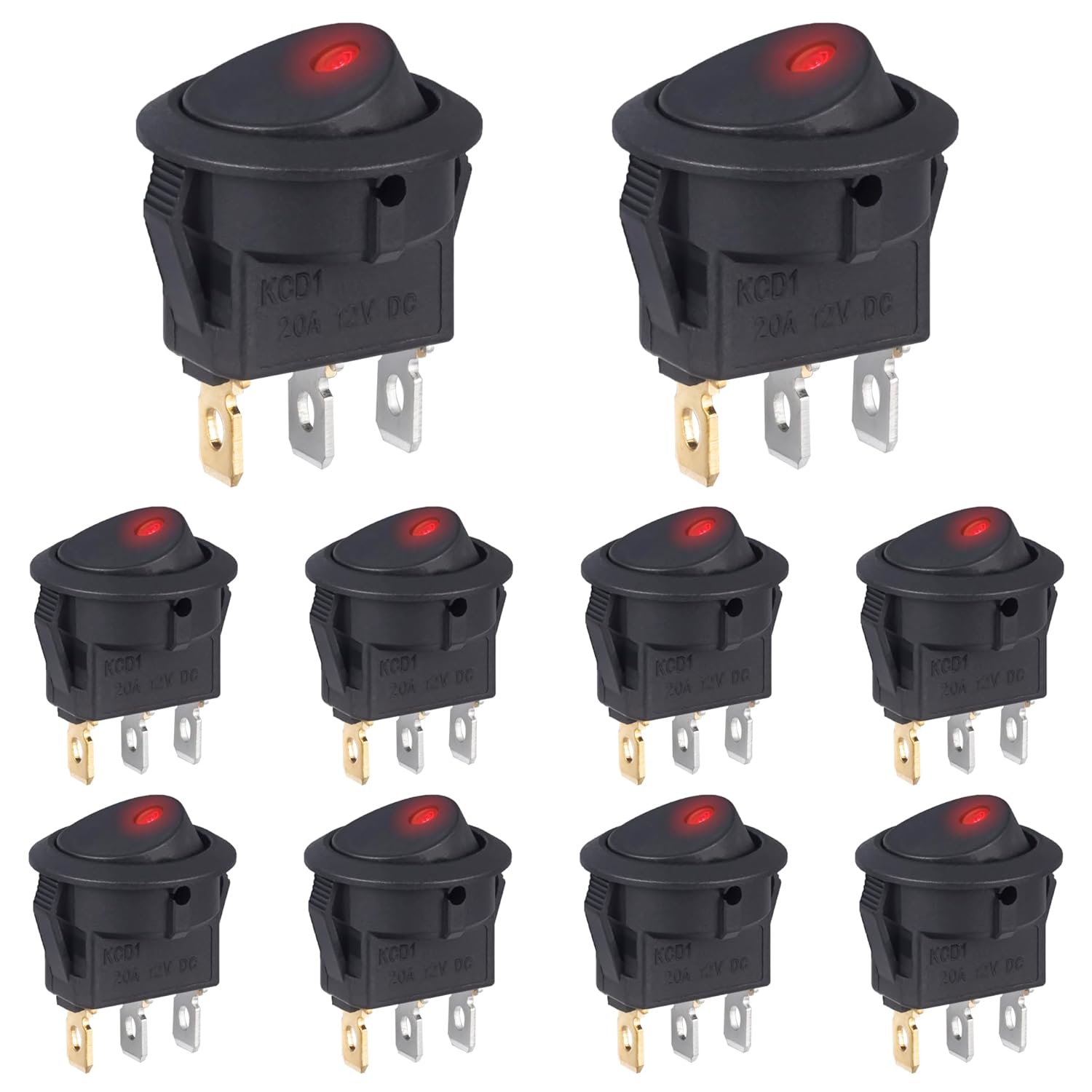 VEXUNGA Interrupteur 12V 20A Voyant Lumineux LED Rouge Interrupteurs à Bascule Rond 12 Volts ON/OFF 2Positions Marche/Arret 3Broches Commutateur Bouton pour Voiture Automobile (10 Pièces) Carré LED rouge