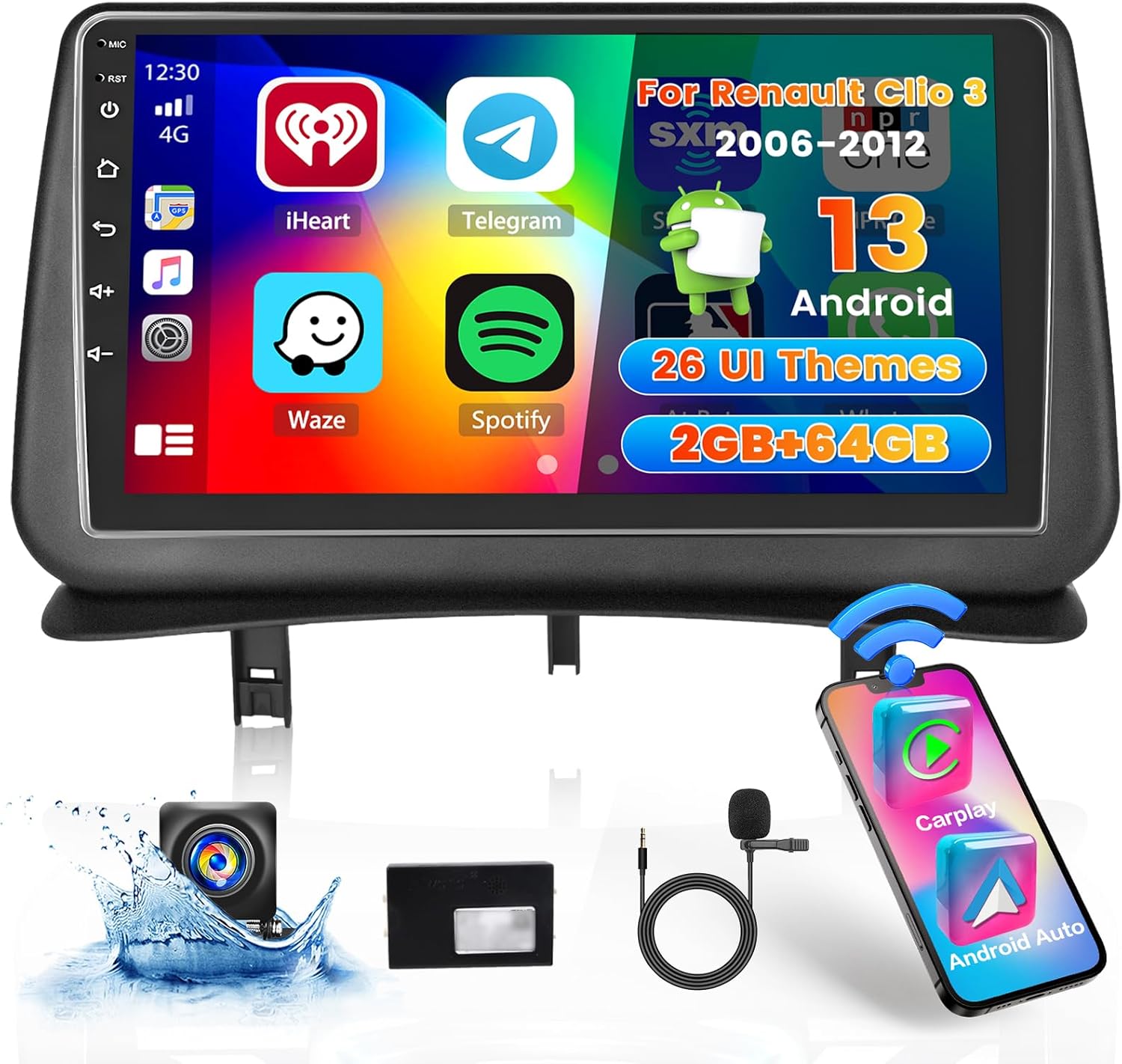 2+64G Poste Autoradio pour Renault Clio 3 2005-2014 avec Carplay Android Auto, 9 Pouces Écran Tactile Android 15 Radio avec Lien Miroir FM/RDS EQ WiFi Bluetooth GPS SWC Caméra