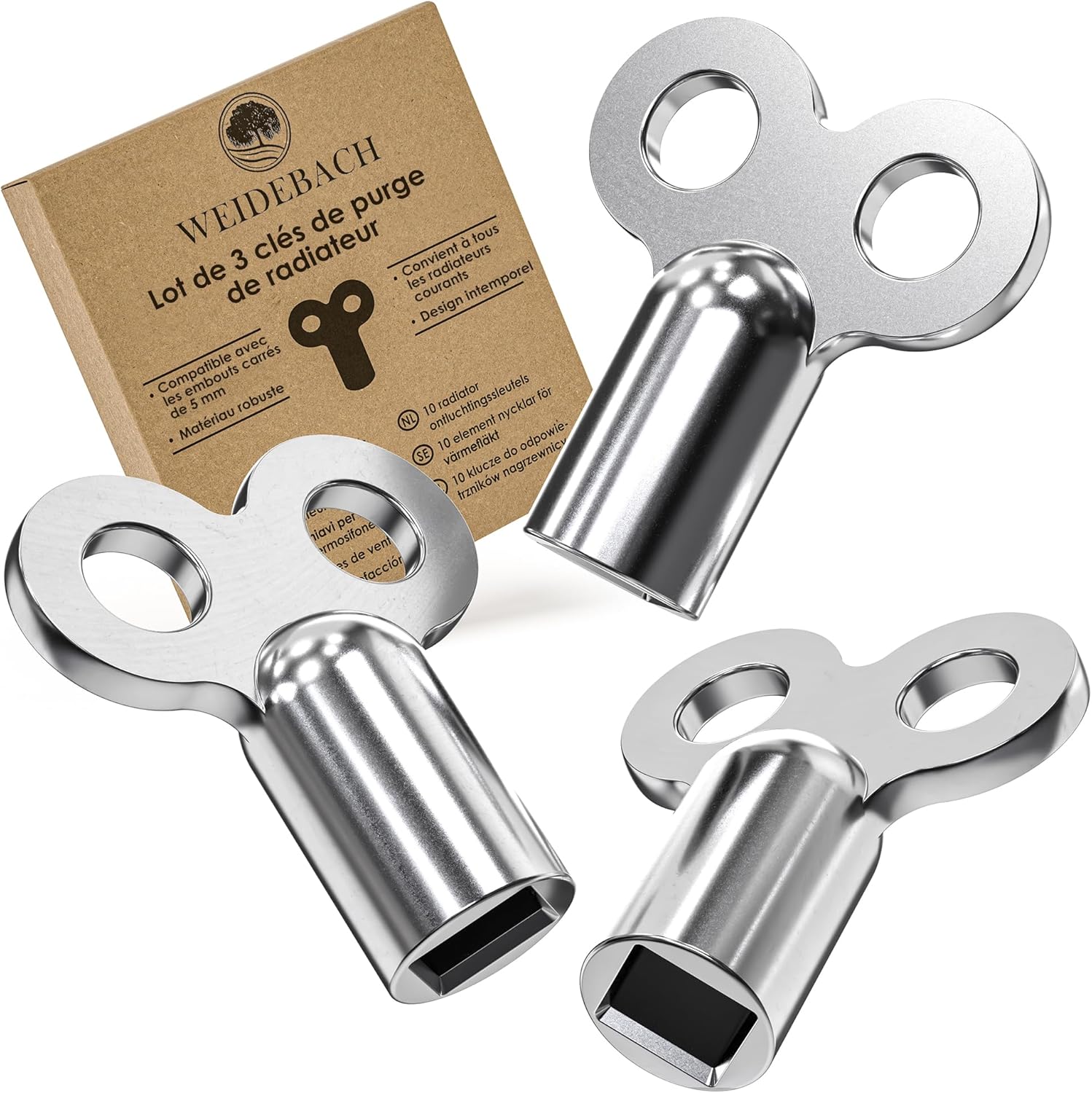 3 clés de purge argent pour radiateur WEIDEBACH®, lot de 3 clés de purge pour radiateur, clé de purge argentées, clé argent pour radiateur, clé de purge taille universelle, 3 clés de purge radiateur 3 pièces Argent