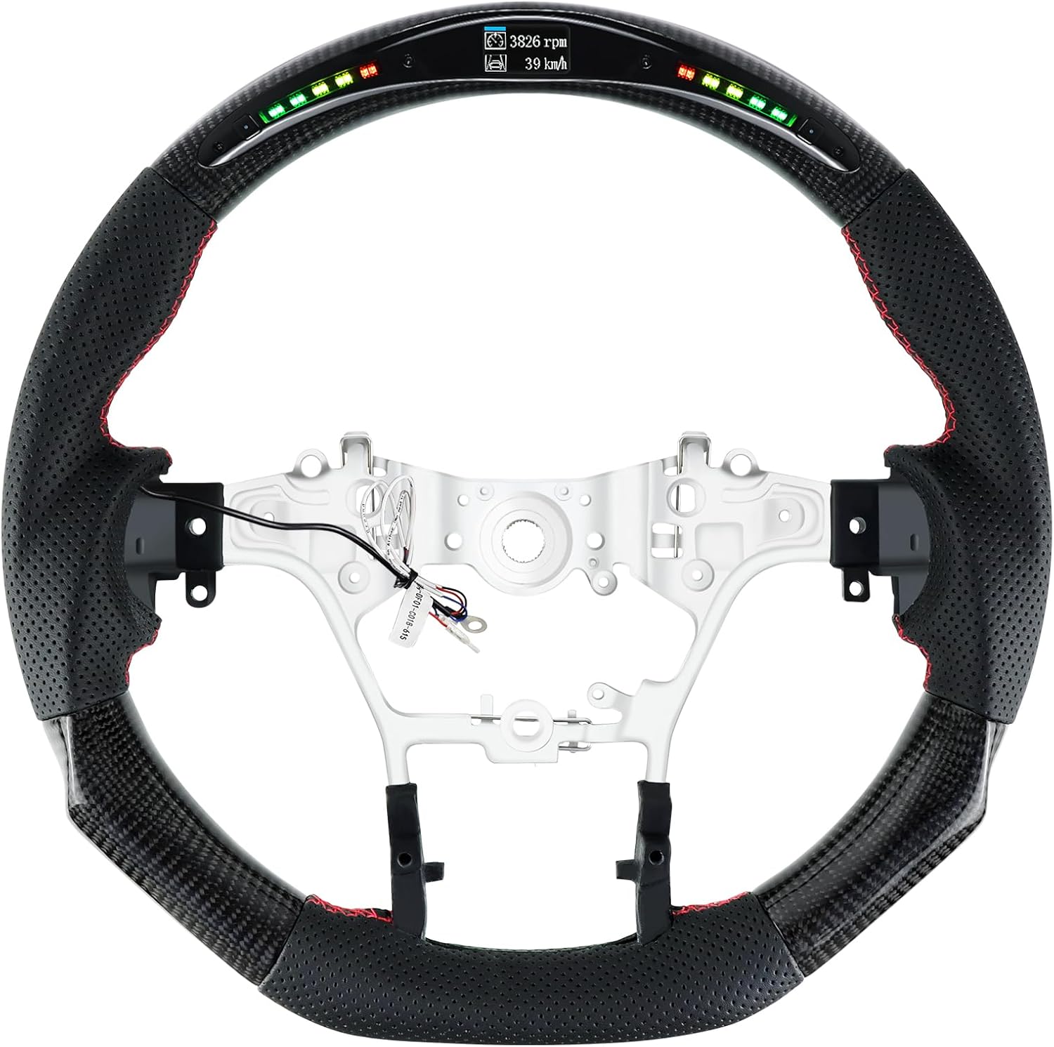 Acclcors Volant en fibre de carbone, indicateur de changement LED, volant personnalisé avec coutures rouges, poignées en cuir perforées, convient pour Toyota Hilux/Revo/Fortuner 2015-2022