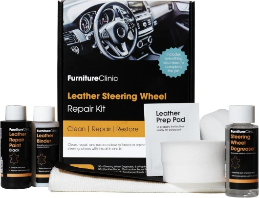 Kit de Réparation Volant de Voiture Furniture Clinic (Noir) – Retire Toute Accumulation de Graisse, Répare Tout Dommage & Restaure la Couleur