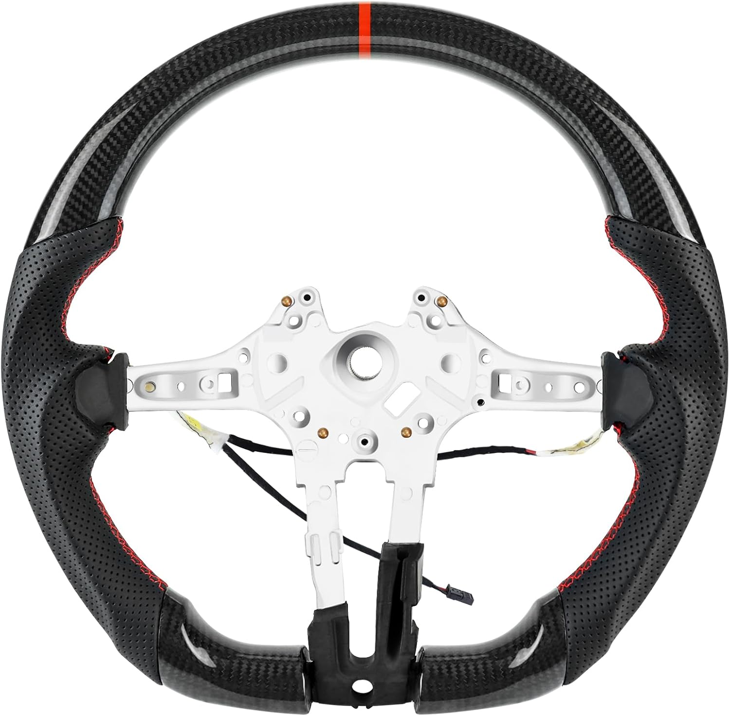 Acclcors Volant en fibre de carbone véritable fait à la main, ligne centrale rouge, poignée en cuir perforé avec fonction chauffante pour BMW M Sport Series/pour M Performance Series M5 F10 F11 F06