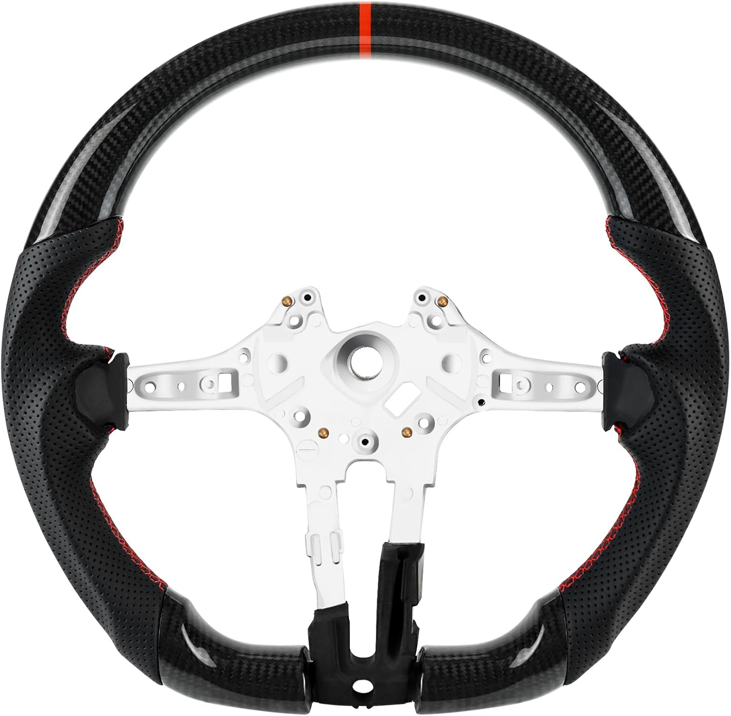 Acclcors Volant en véritable fibre de carbone fait à la main, ligne centrale rouge, poignée en cuir perforé pour BMW M Sport Series/pour M Performance Series M5 F10 F11 F06 F12 F13 F01 F02 F90 M6 M8