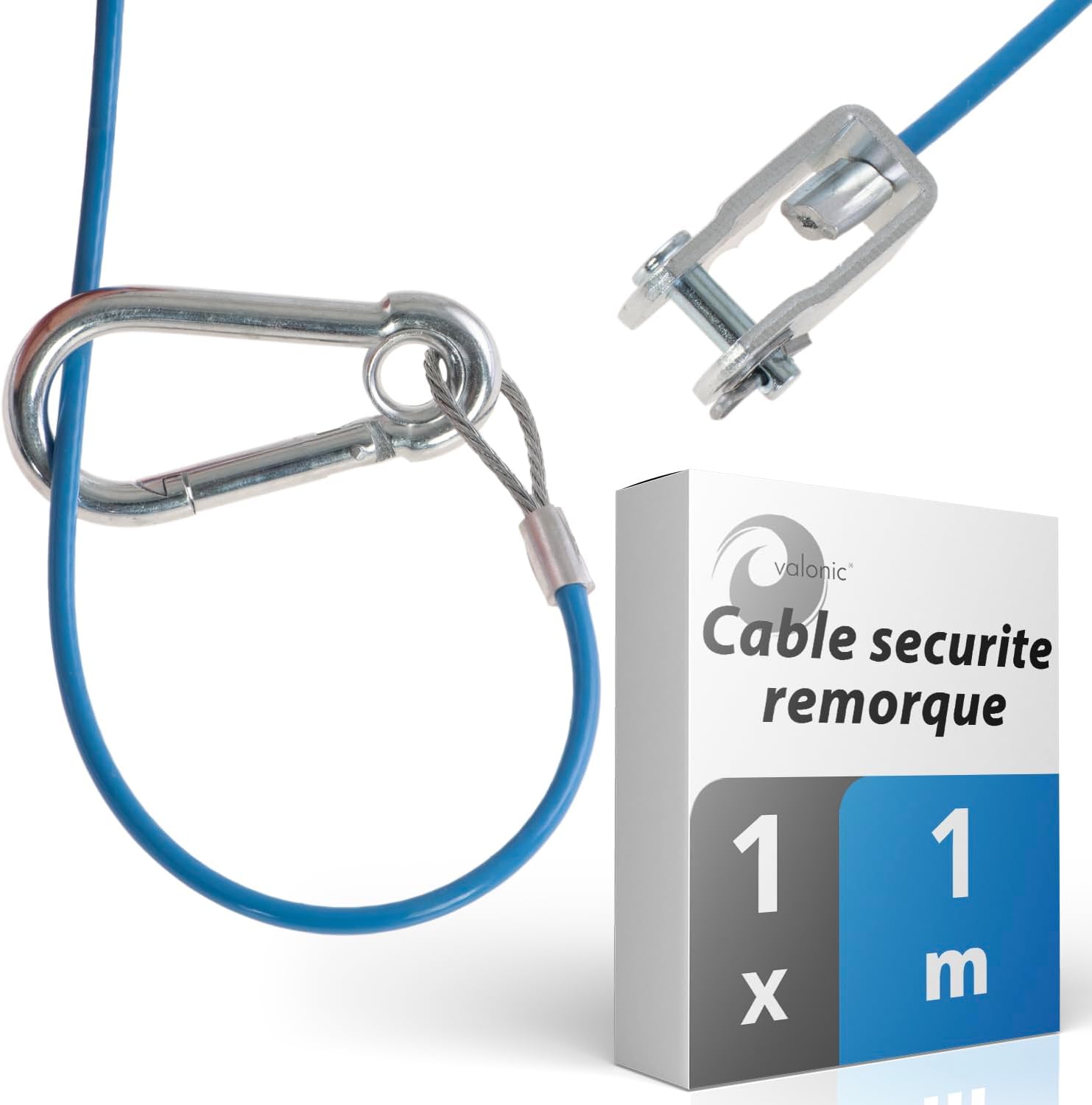 Cable securite remorque, 1m, bleu, avec mousqueton, charge de rupture 250kg, corde de déchirure avec chape (manille), corde de déchirure