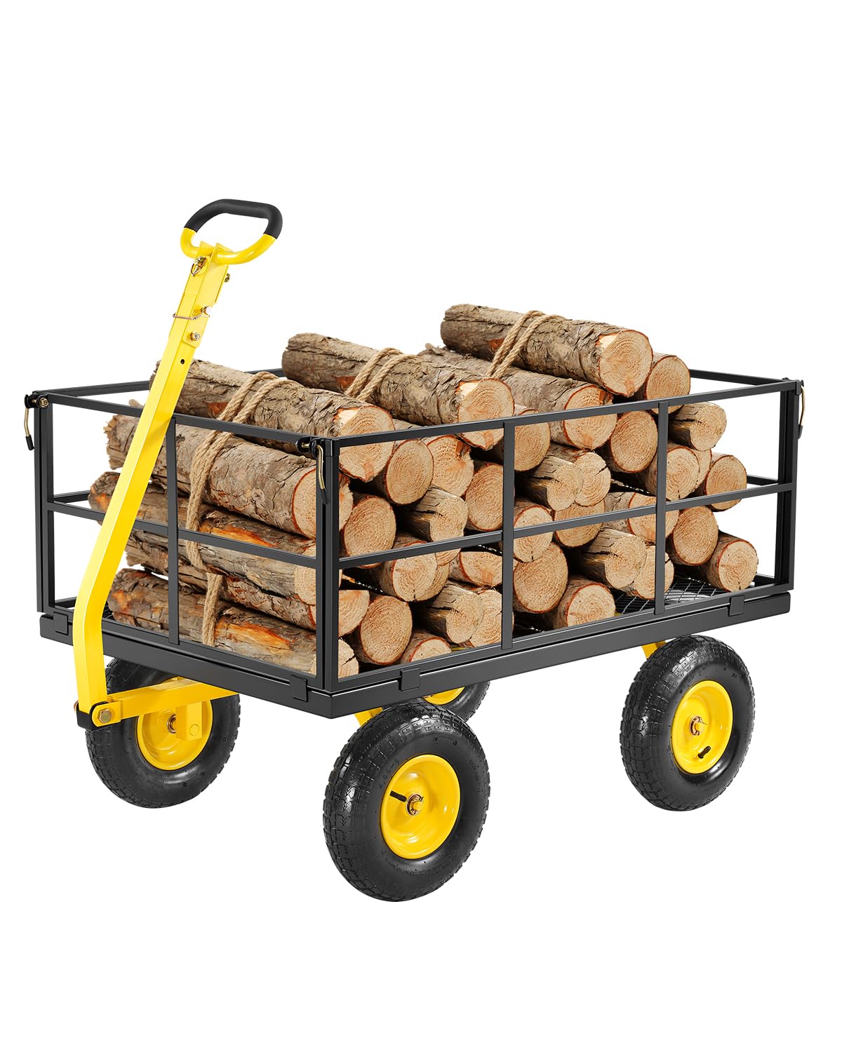 Chariot de Jardin Transport, Charge 635,03 kg, Chariot Utilitaire Robuste Tractable Extérieur Métal 2 en 1 Pneus Tout-terrain 330 mm, Côtés Amovibles en Maille, Poignée Rotative 180°, Jaune Noir 635kg Jaune + Noir