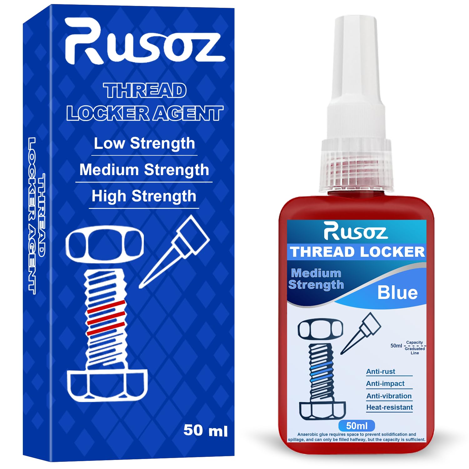 Rusoz Frein Filet Bleu 50ml, Colle à Filetage Résistant Moyen, Verrouillage Permanent pour Boulons et Écrous, Haute Résistance aux Chocs et Températures Bleu-Moyenne Résistance
