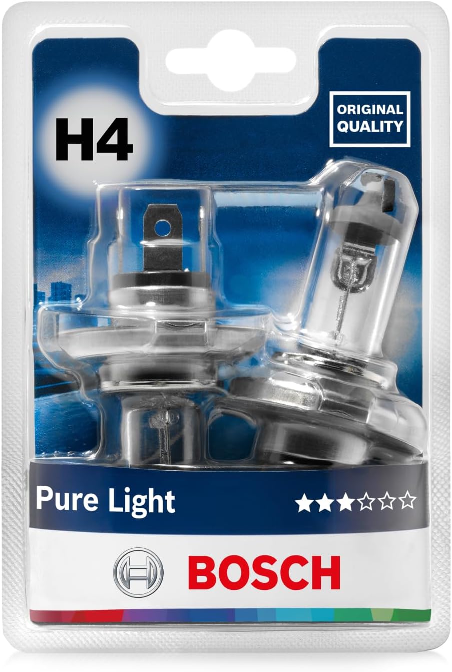 H4 Plus 200 Pure Light Ampoule de Phare Halogène, 12V 60/55 W, Qualité d'Origine - Culot P43t - Pack de 2 Ampoules de Rechange pour Voiture Pack duo 2 lampes Standard - Pure Light