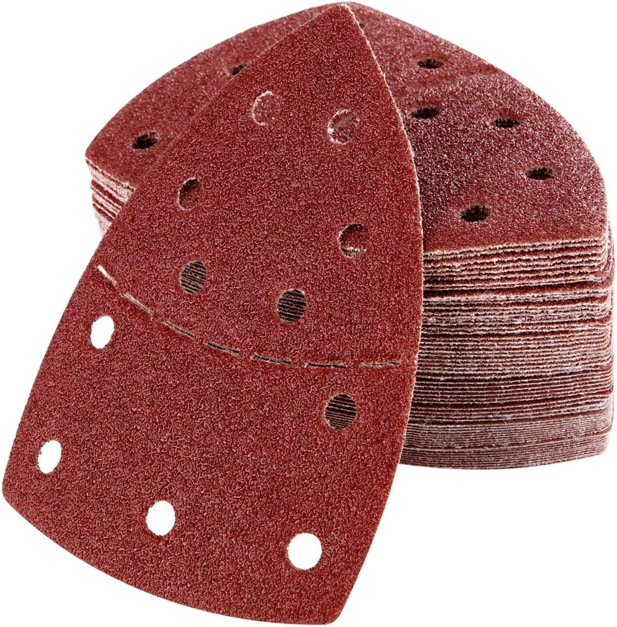 AIXMEET Triangles de Ponçage, Papier de Verre pour Bosch PSM 100A, PSM 160, PSM 200 AES, PSM 18, PDA 180, PSM 160 A/PSM 80/PRIO, 105 mm x 152 mm, Lot de 60, Grain P40/60/80/120/180/240 11 Trous