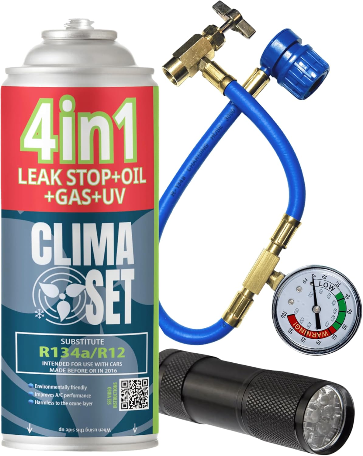 CLIMASET - KIT complet AC R134a 4 en 1, remplacement du gaz, pour voitures de 1994 à 2016 - Solution de climatisation - Kit complet - Scellant, colorant UV, réfrigérant - avec câble et lampe UV 4-en-1 R134a + Tuyau + Lampe Uv