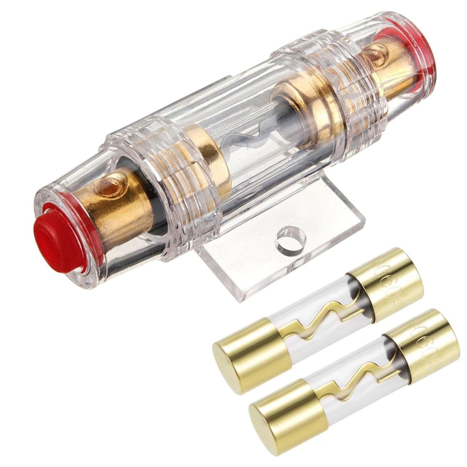 60A Porte Fusible AGU Voiture Plaqué Or avec 2 Pièces AGU Fusibles Verre 60 Ampère pour Sono Auto Audio Automobile Ampli Protection Alimentation de Sécurité Puissance