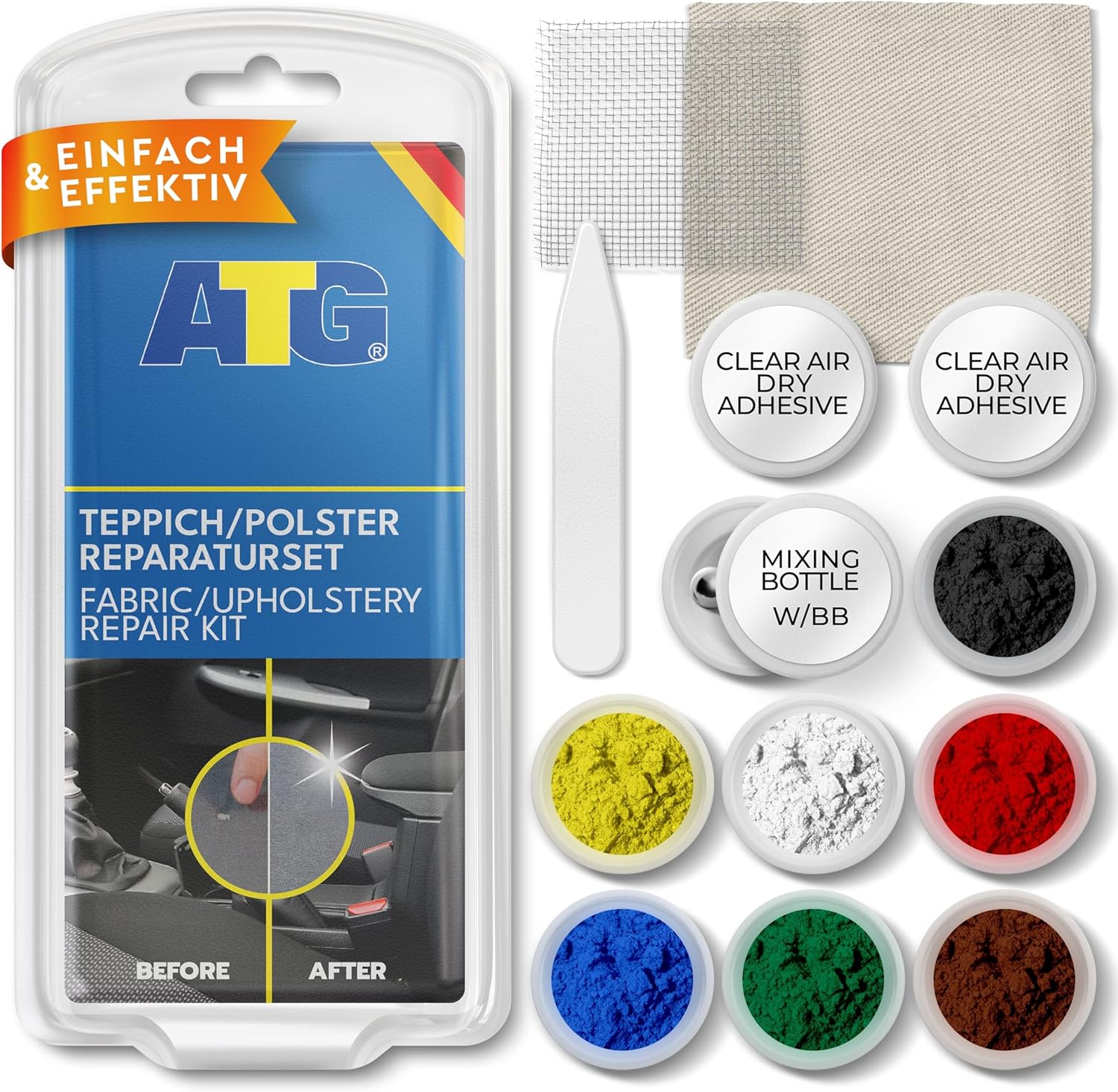 ATG® Kit Réparation Siège Auto Tissu Multicolore 13 Pièces - Répare Brûlures, Trous, Fissures, Usure - Kit Tapis Voiture, Coussin, Velours - Compatible Toutes Marques de Véhicules