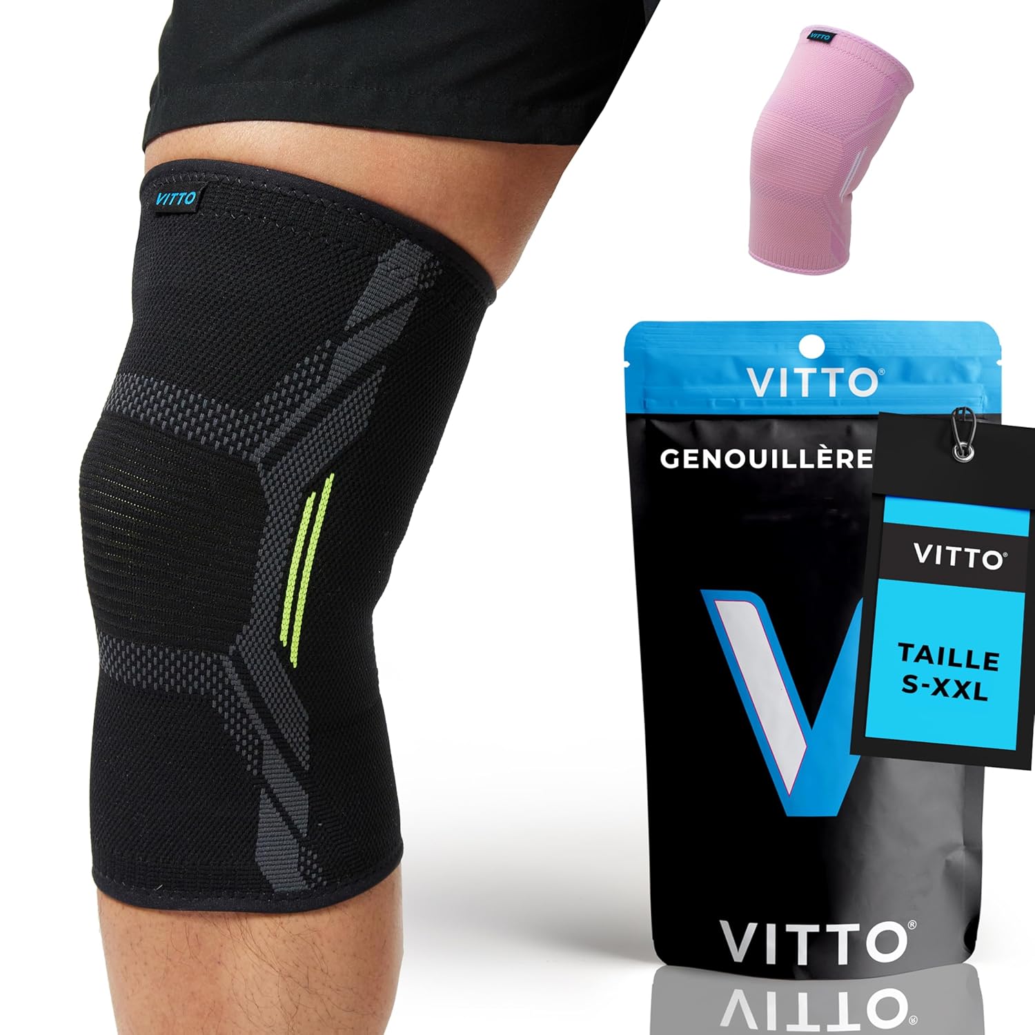 VITTO Genouillère Ligamentaire - Attelle Genou pour Hommes/Femmes - Genouillère pour le Soulagement des Douleurs au Genou, Genoux Arthritiques, Déchirure du Ménisque, Haltérophilie et Course (M) Noir M (Lot de 1)