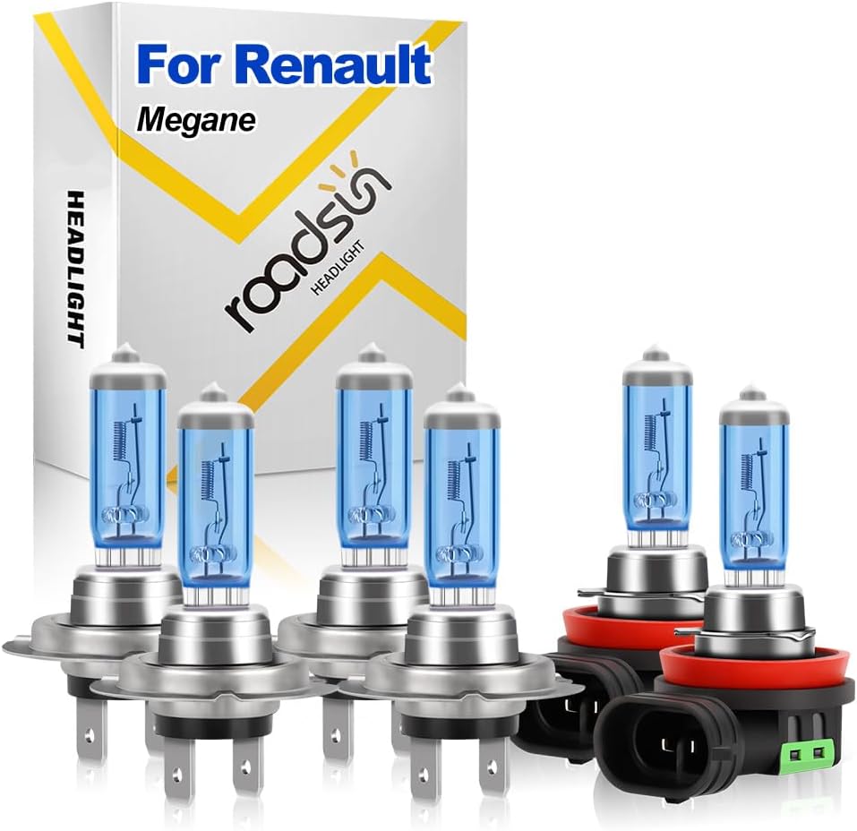 ROADSUN Ampoule halogène 20 000 lm pour phares avant, H7 feu de route et feu de croisement, H11 feu antibrouillard, pour Renault Megane 2009-2010
