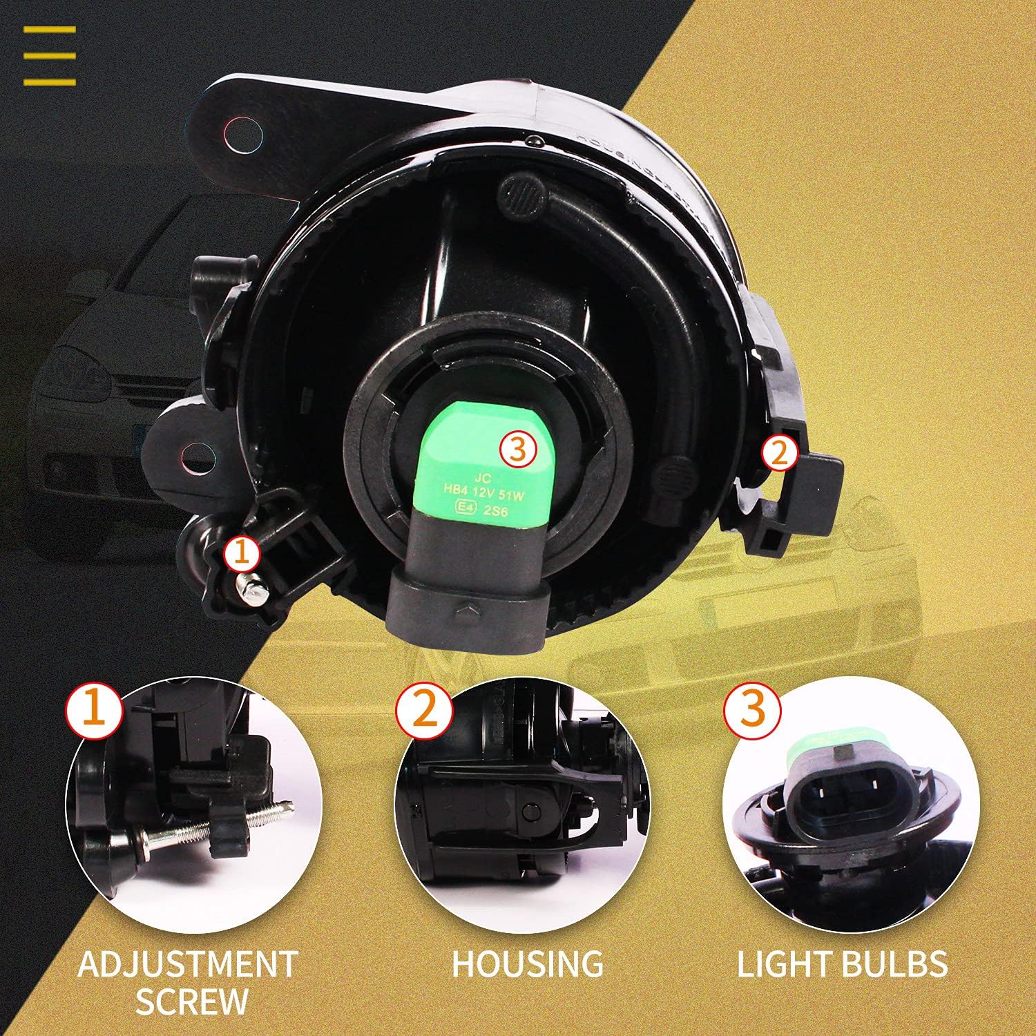 WISGOL Feux anti-brouillard compatibles avec VOLKSWAGEN Golf V (1K1 / 1K5) 11/2004-06/2009 Une paire de phares anti-brouillard (jaune)