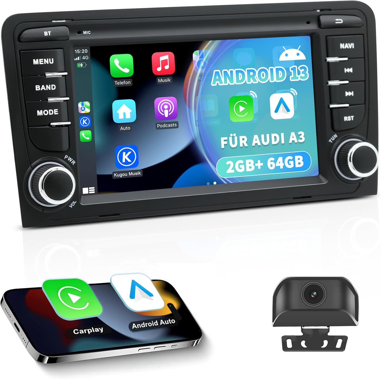 Autoradio Android 13 pour Audi A3/S3/RS3 8P (2003-2012), écran Tactile HD 7 Pouces, CarPlay/Android Auto sans Fil, GPS Navigation, Wi-FI, Bluetooth + Caméra de recul HD, Commande au Volant