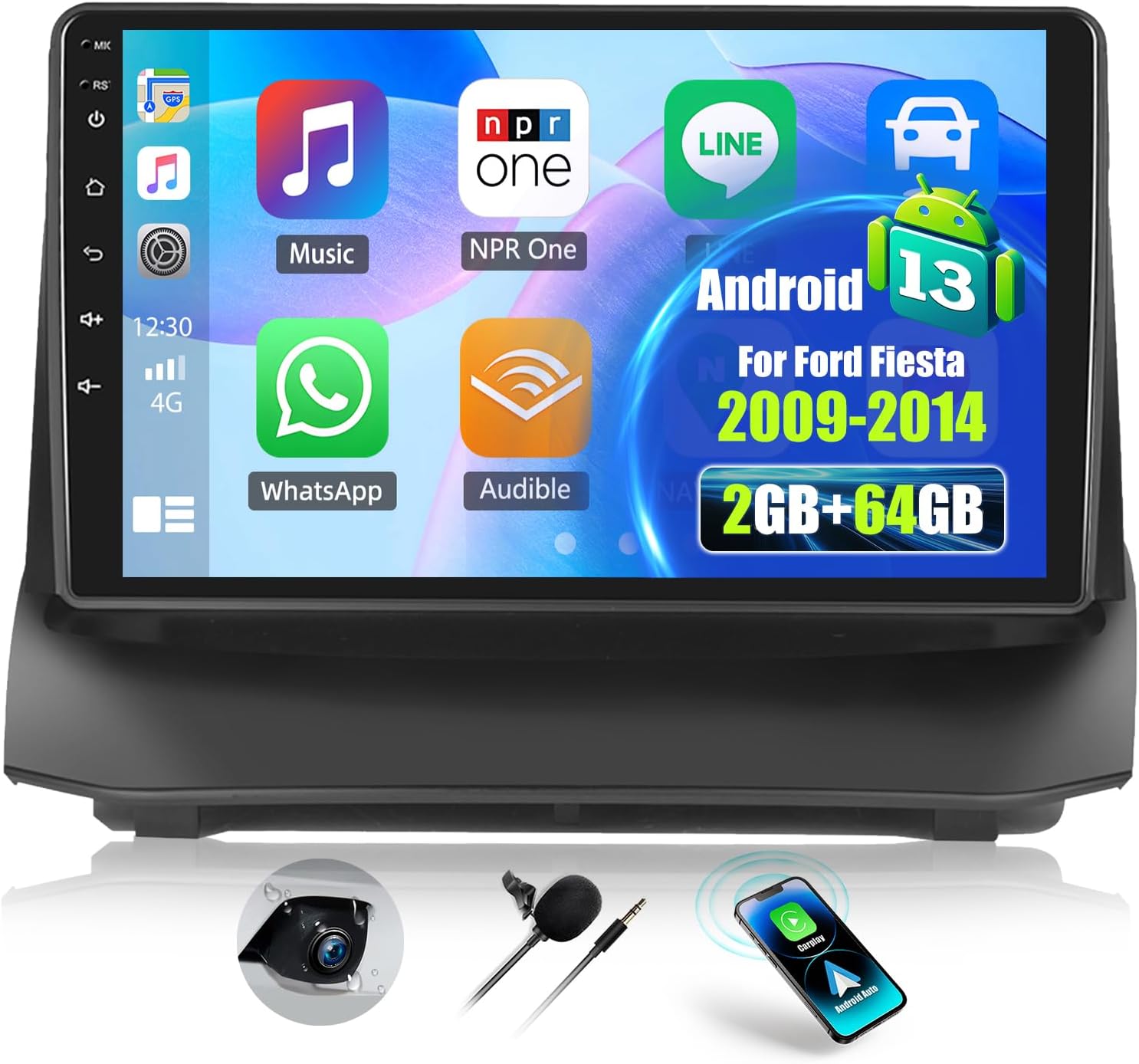 2G+64G Android 13 Autoradio pour Ford Fiesta 2009-2014 avec CarPlay Android Auto sans Fil, 9“ IPS Écran Tactile Radio avec GPS WiFi Lien Miroir Bluetooth FM/RDS EQ SWC Caméra Arrière 2G+64G/Android 13/Caméra