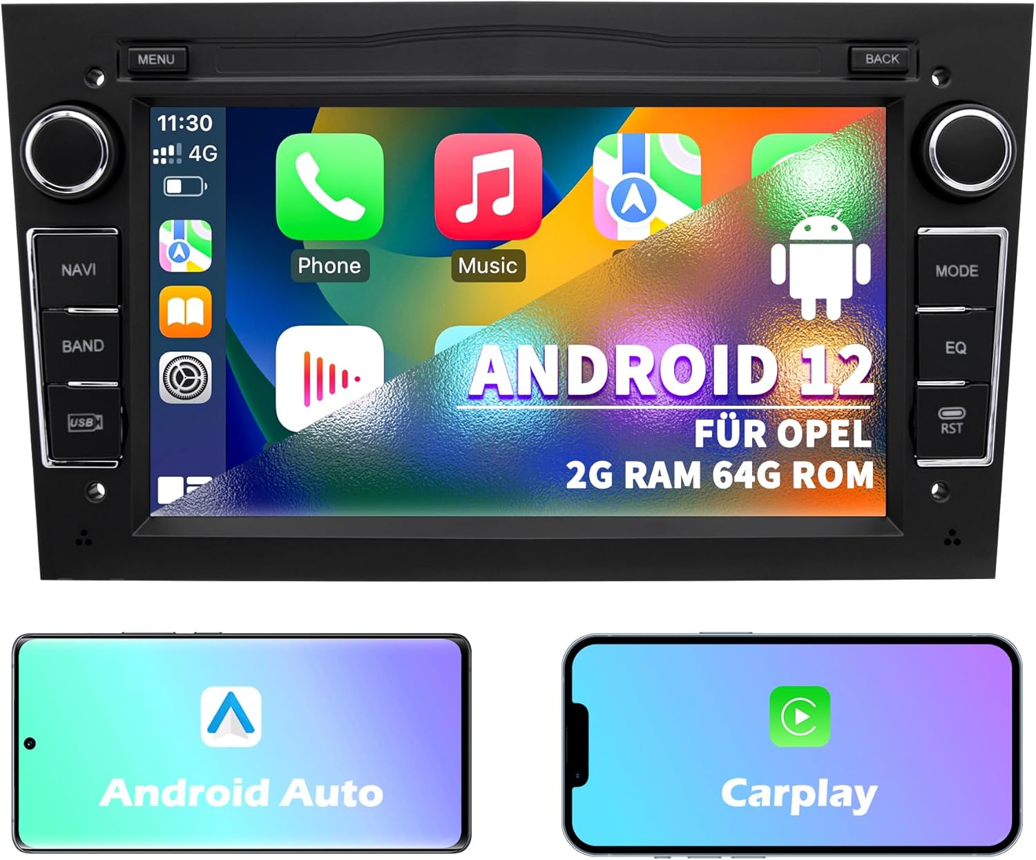 Autoradio pour Opel, Radio 2 DIN, Système Android 12 2G+64 Go avec Navi CarPlay Android Auto WLAN Bluetooth MirrorLink, écran 7 Pouces Radio FM Double Din Commande au Volant