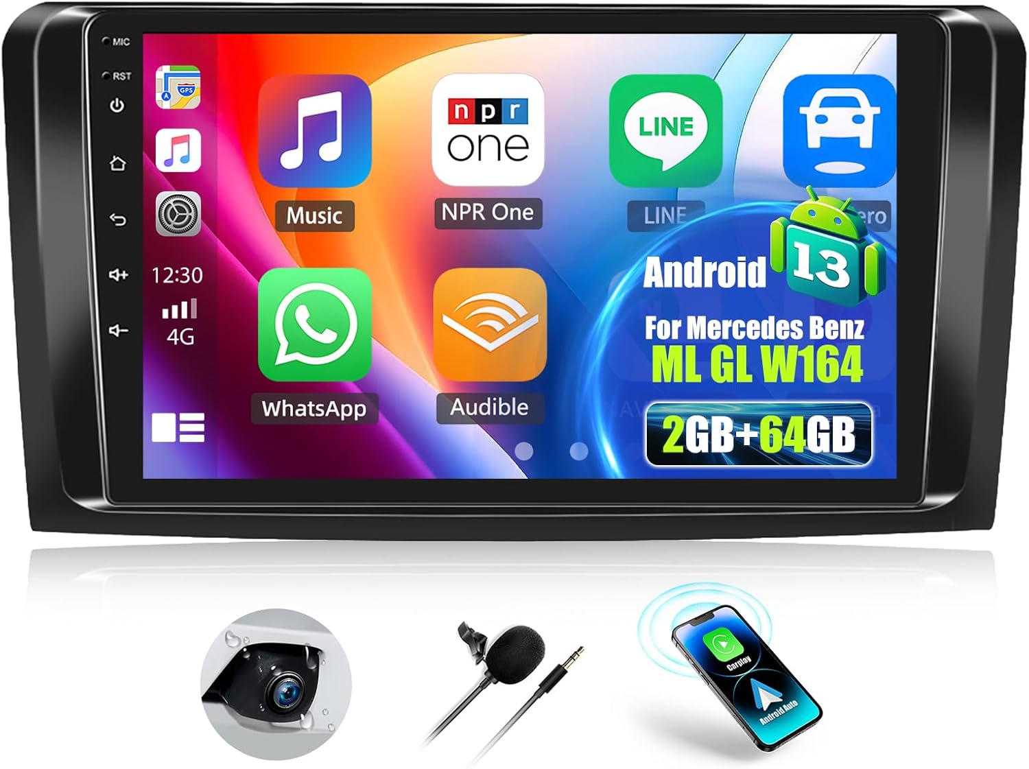 2G+64G Android 13 Autoradio pour Mercedes Benz ML GL W164 ML350 ML500 GL320 X164 ML280 avec CarPlay Android Auto sans Fil, 9“ Écran Tactile avec GPS WiFi Bluetooth FM/RDS EQ SWC Caméra Arrière