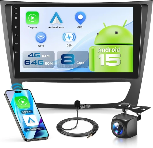 Autoradio 8 CORE Q-Snapdrago 4G+64G Android 15 pour Mercedes Benz E Classe W211 E200 CLS W219 2002-2009, 9'' HD Écran Tactile Carplay Android Auto sans Fil GPS WiFi DSP Bluetooth FM/RDS Caméra