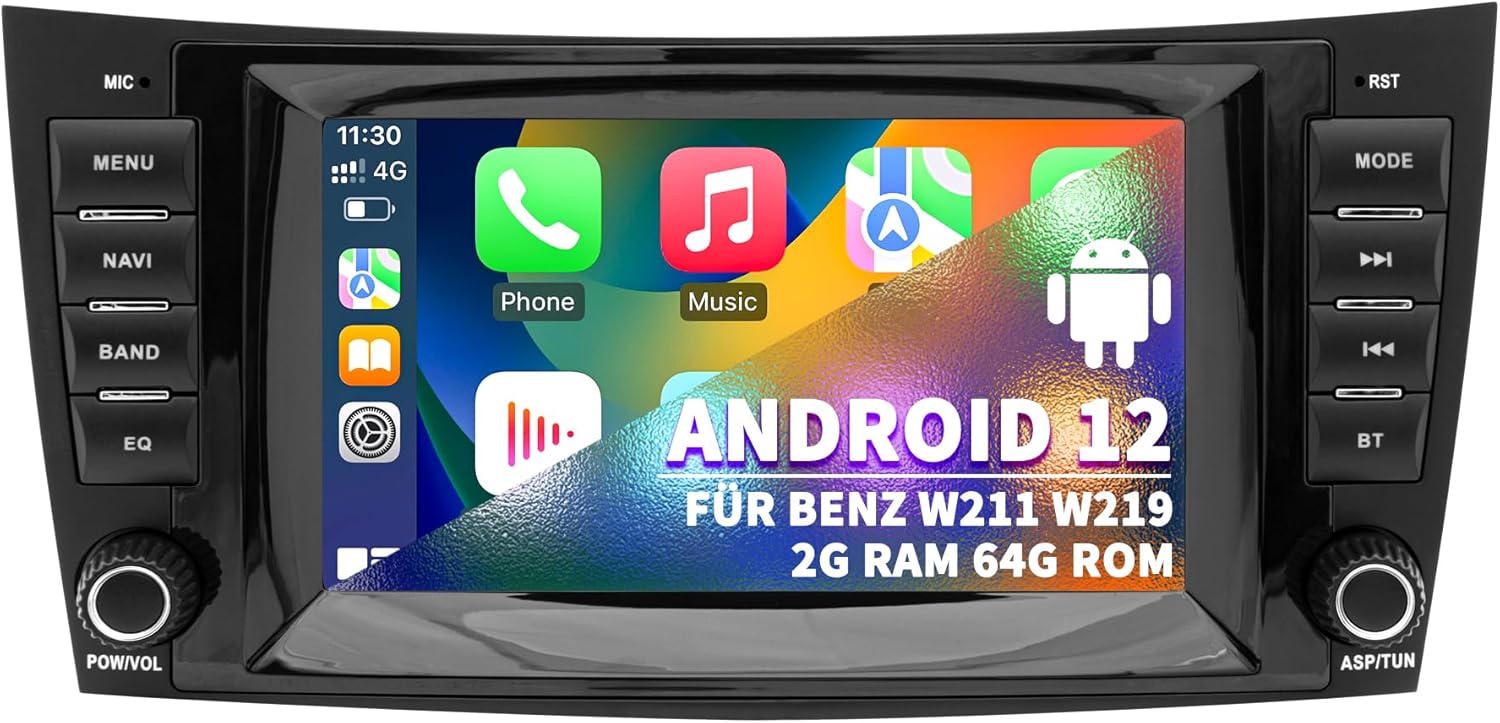Autoradio pour Mercedes Benz Classe E W211 CLS W219, Système Android 12 2G+64G, écran Tactile 7 Pouces avec Navigation Carplay Android Auto Bluetooth WLAN MirrorLink Commande au Volant