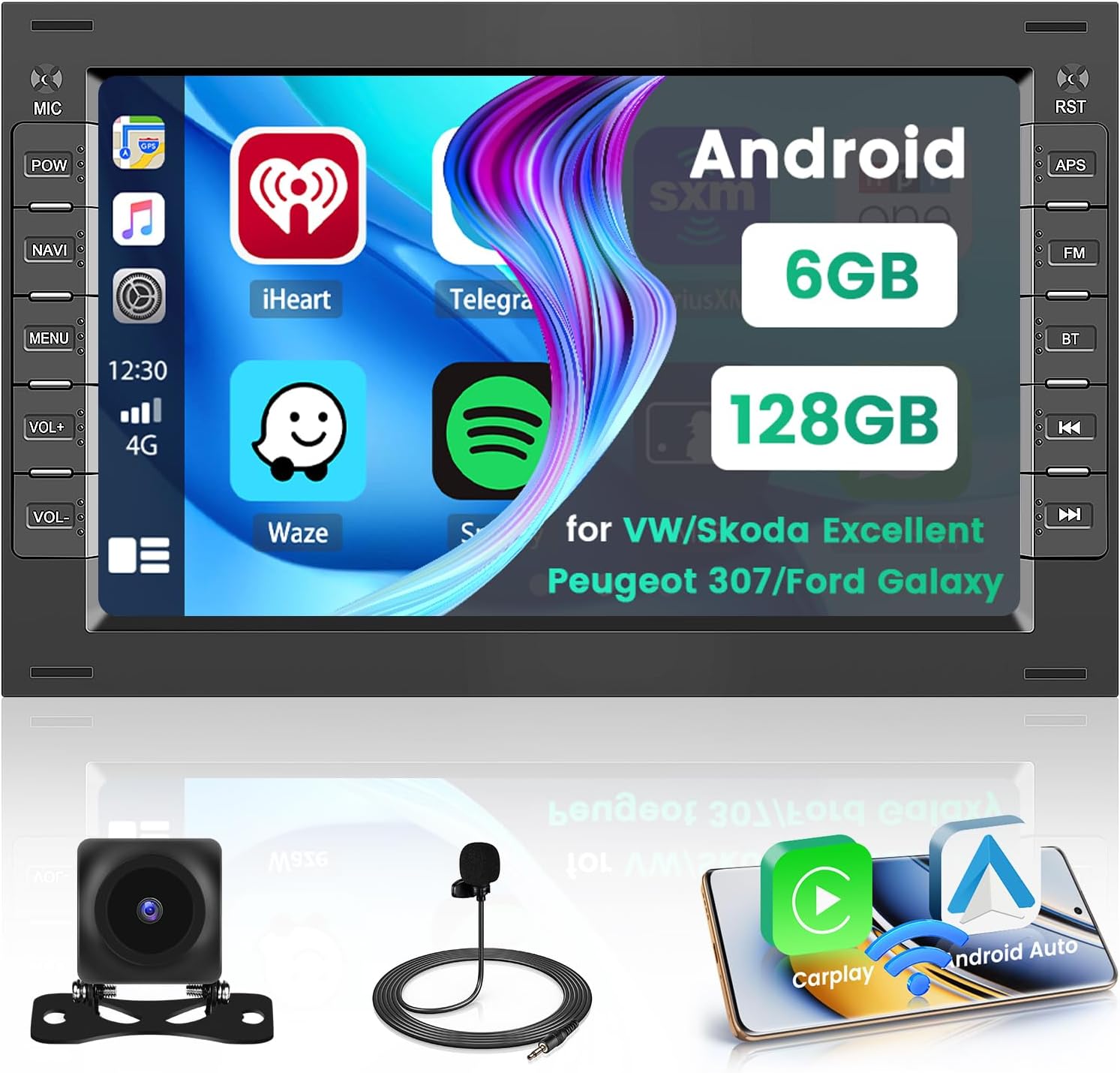 8 Core 6G+128G DSP Hikity Android 15 Autoradio pour VW/Skoda Excellent/Peugeot 307/Ford Galaxy, écran 7 "avec Carplay Android Auto sans Fil GPS WiFi RDS/FM BT 59UI SWC MIC CAM