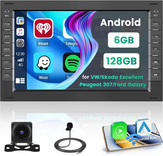 8 Core 6G+128G DSP Hikity Android 15 Autoradio pour VW/Skoda Excellent/Peugeot 307/Ford Galaxy, écran 7 "avec Carplay Android Auto sans Fil GPS WiFi RDS/FM BT 59UI SWC MIC CAM