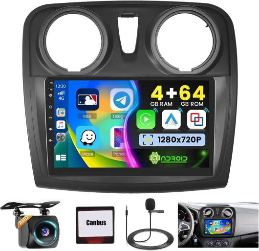 4G+64G Android 15 Autoradio pour Renault Dacia Sandero 2014-2017 Autoradio 2 Din Wireless Carplay Android Auto 9 Pouces Écran Tactile avec GPS WiFi FM/RDS 32EQ Caméra MIC