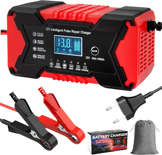 KIMIGO Chargeur Batterie Voitures, 12V 6A Chargeur de Batterie Intelligent, Compensation de Température Automatique, Fonction Réparation Batterie, Écran LCD, pour Voiture Moto Camion Tondeuse Bateau