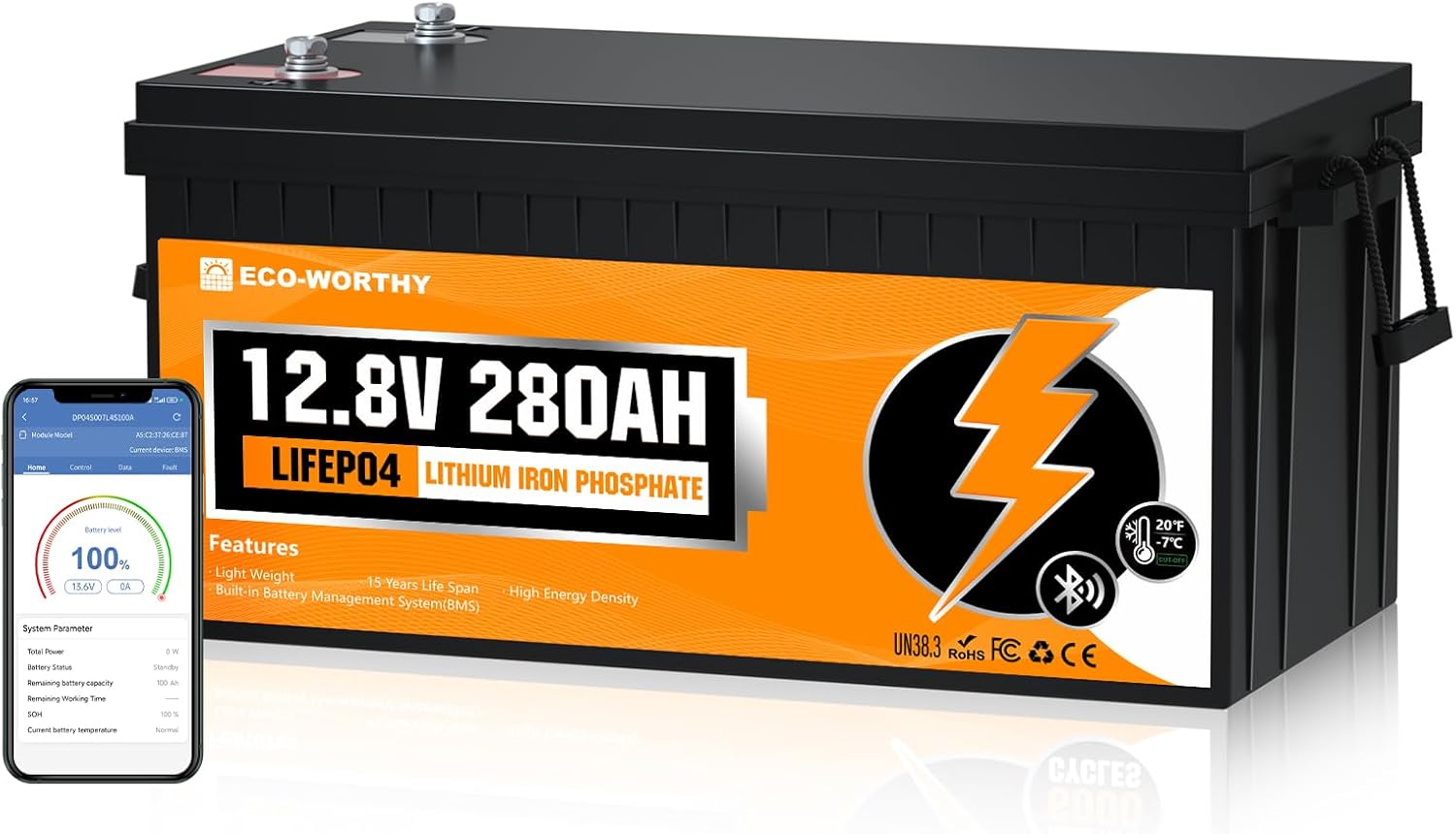 ECO-WORTHY Bluetooth Batterie Lithium 12V 280AH LiFePO4 avec BMS Protection, Plus de 6000 Cycles, 3584Wh Batterie Lithium pour Camping-Car, Bateau, Système Solaire, Masion,Panneau Solaire BT 280AH 12V