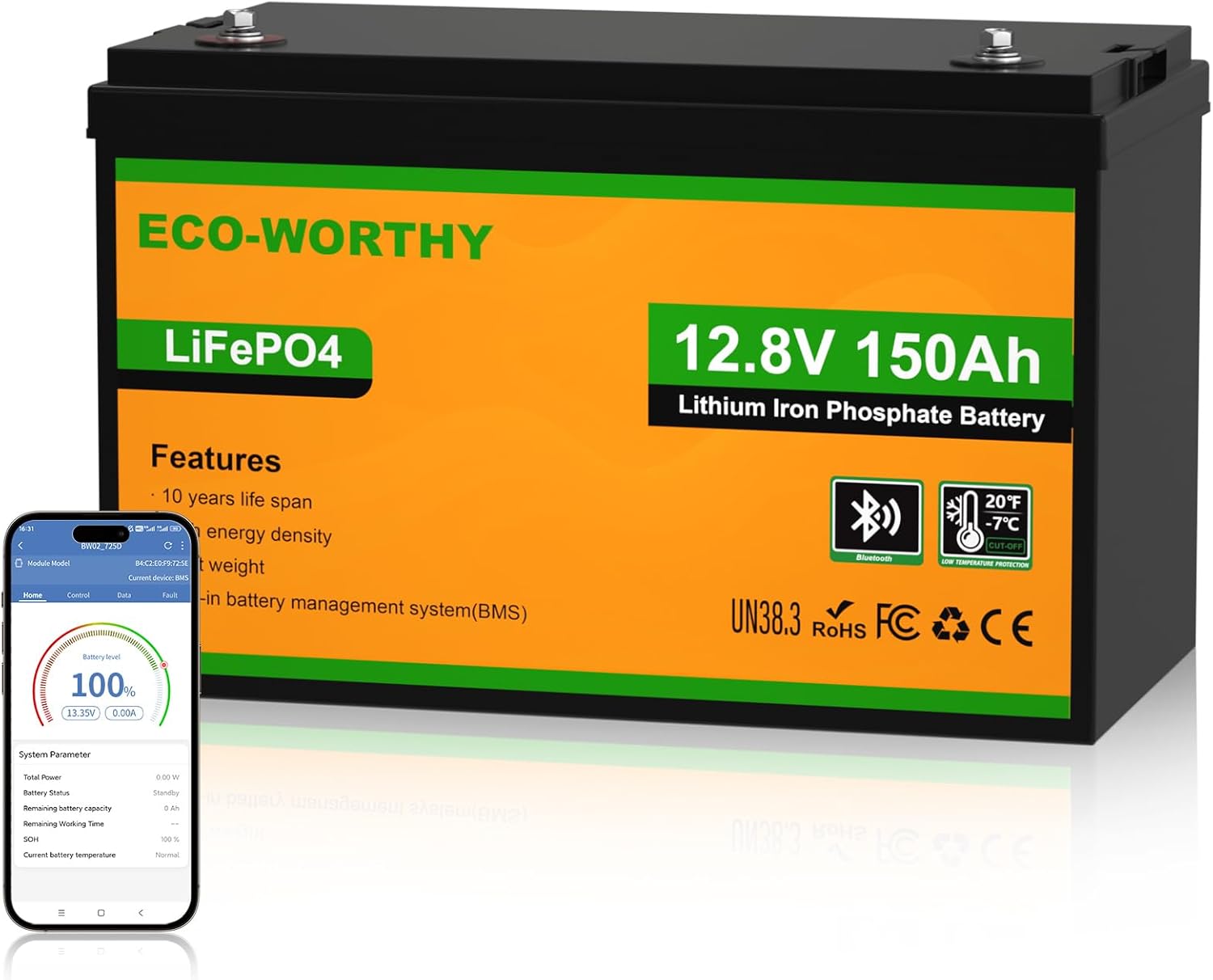 ECO-WORTHY Batterie Lithium 12v 150AH Bluetooth Batterie LiFePO4 avec Protection BMS Basse température 120 A et jusqu'à 15 000 Cycles, Batterie au Lithium 1920 Wh pour Camping-Car, Caravane, Bateau BT 150AH 12V