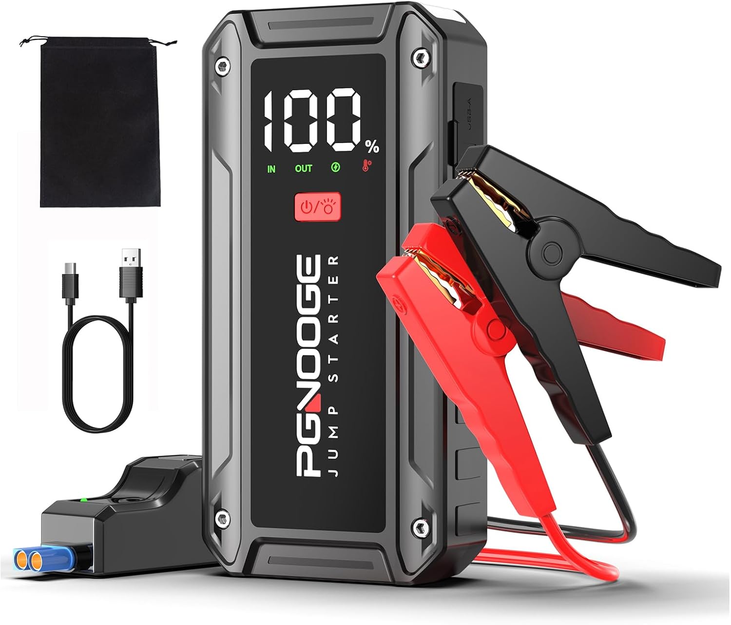 PGNOOGE 26800 mAh 6000 A Bosster de Batterie Voiture (Jusqu'à All d'essence / 10 L de Diesel), 12 V Start Booster Batterie vehicule avec Bouton de Démarrage Forcé et Sortie USB, Grand écran LCD black-6000A