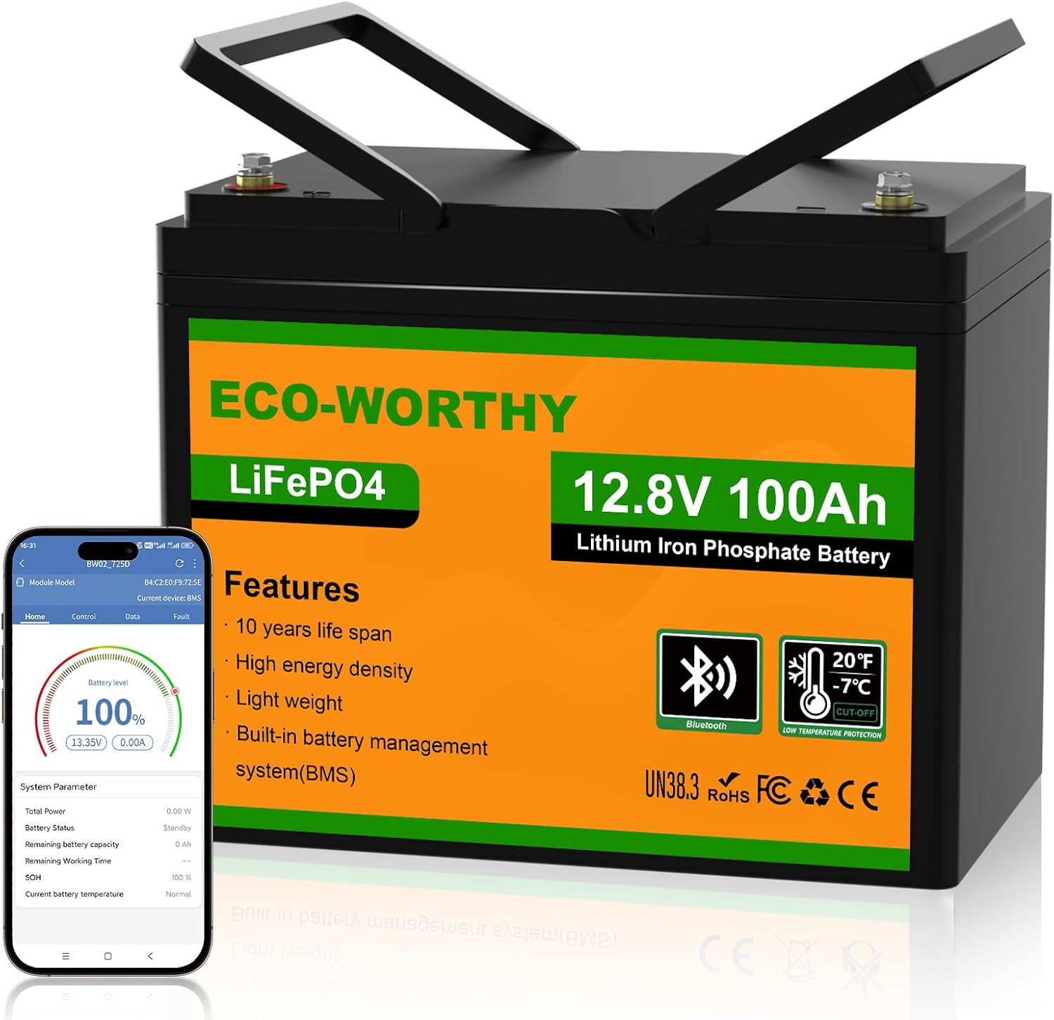 ECO-WORTHY Bluetooth Batterie Lithium 12V 100AH, Batterie LiFePO4 avec Protection à Basse Température, BMS Intelligent, 1280Wh Énergie, pour caravanes, camping-car, système solaire,pêche à la ligne BT 100AH 12V