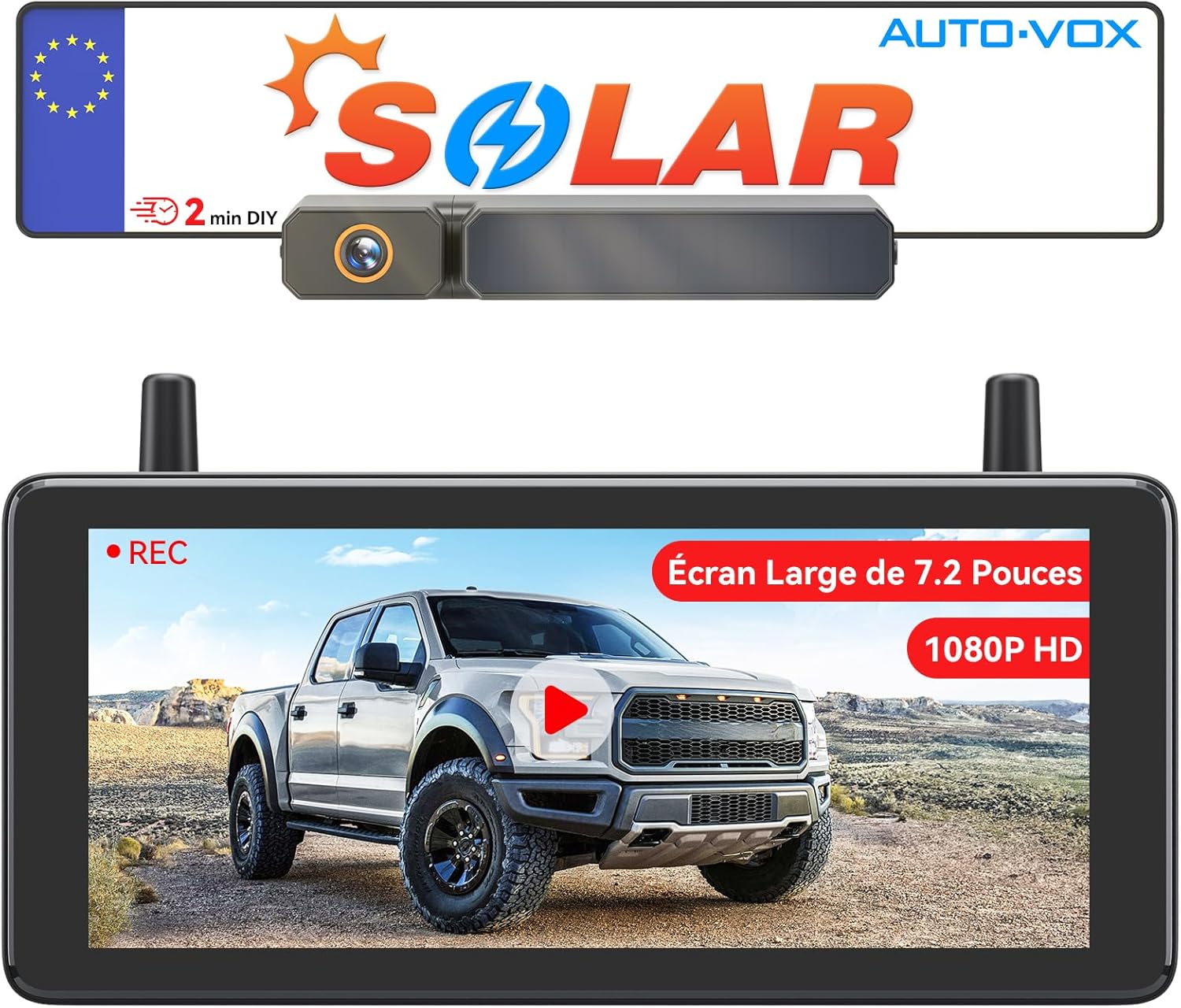 AUTO-VOX DVR 7.2 Pouces Camera de Recul sans Fil Solaire: Installation 2Min Rapide, 1080P HD Vision Nocturne, Étanche IP69K Camera de Recul, pour Voiture, Camion, Camping Car, Van, Buggy 7.2" Monitor