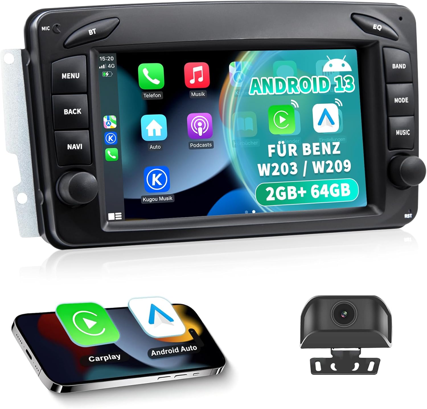 Autoradio Android 13 pour Mercedes Classe C W203/Classe G W463/CLK W209 - Écran Tactile IPS 7 Pouces avec caméra de recul HD - CarPlay et Android Auto sans Fil - 2 GB + 64 GB GPS, Bluetooth, Wi-FI