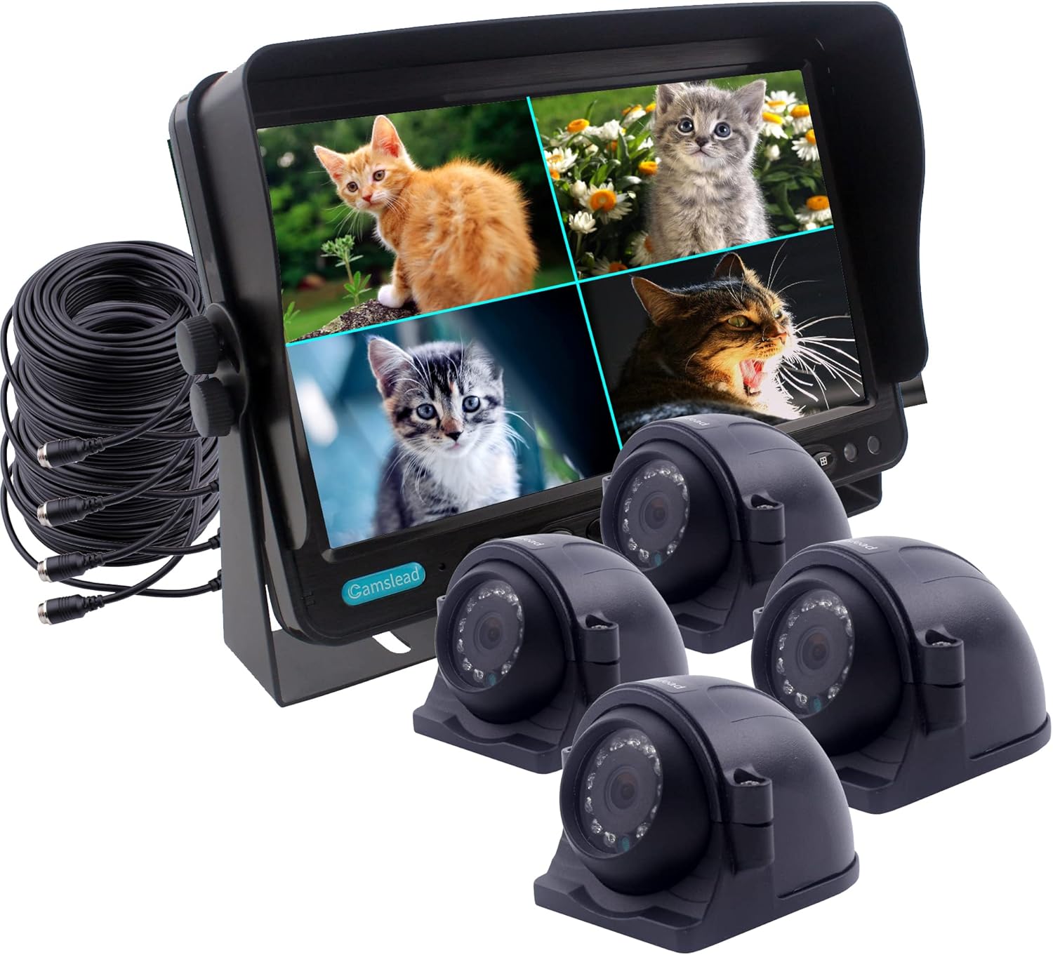 Système de caméra de recul de Voiture 9 Pouces TFT LCD avec écran divisé Quad Kit de Moniteur de caméra de recul 4 x Vue latérale HD Caméra Vision Nocturne étanche pour remorque de Camion