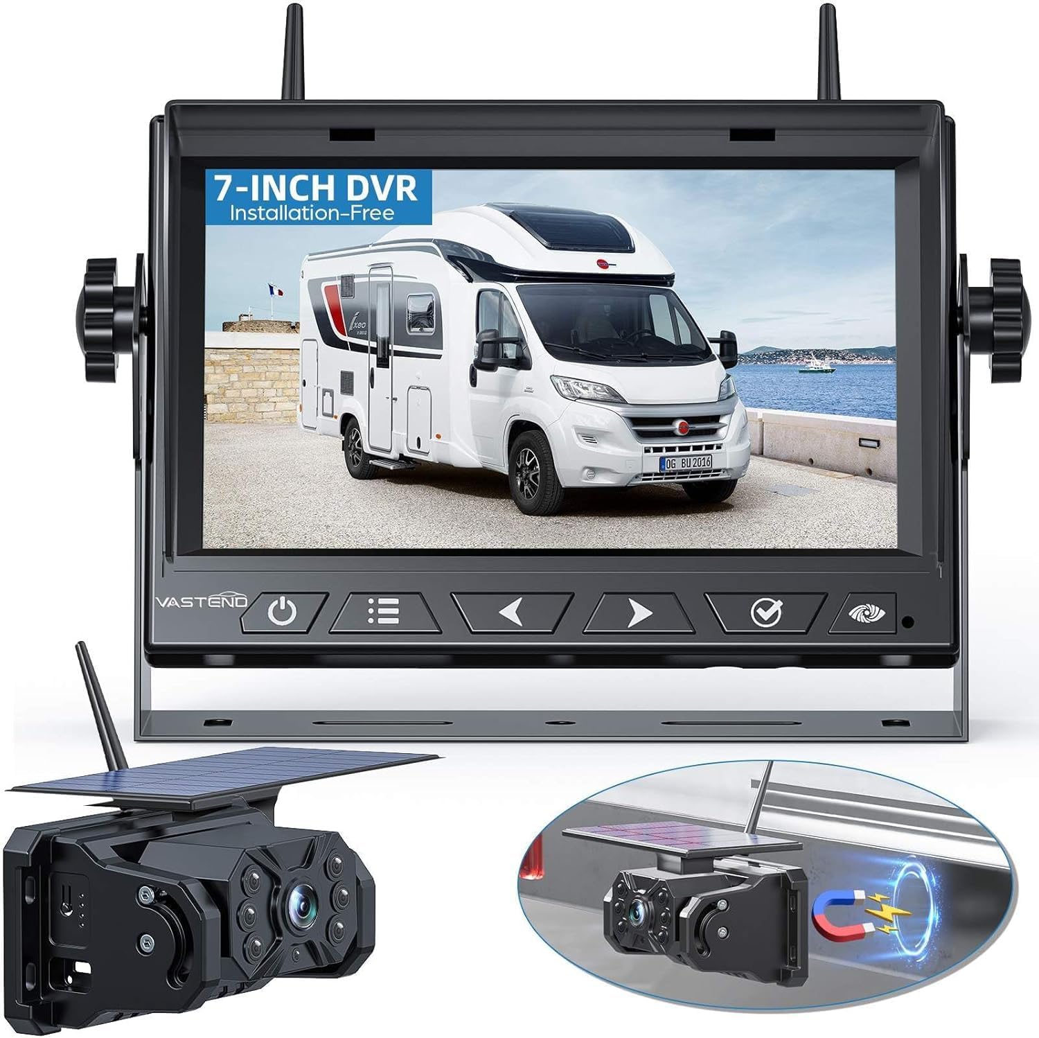 Solaire Caméra de Recul sans Fil, 10000mAh Caméra Magnétique à Batterie Rechargeable avec 7" Moniteur, 170° Grand Angle, Installation de Bricolage, pour Camions, Camping Car, Caravane Camera Set (VS-7A)