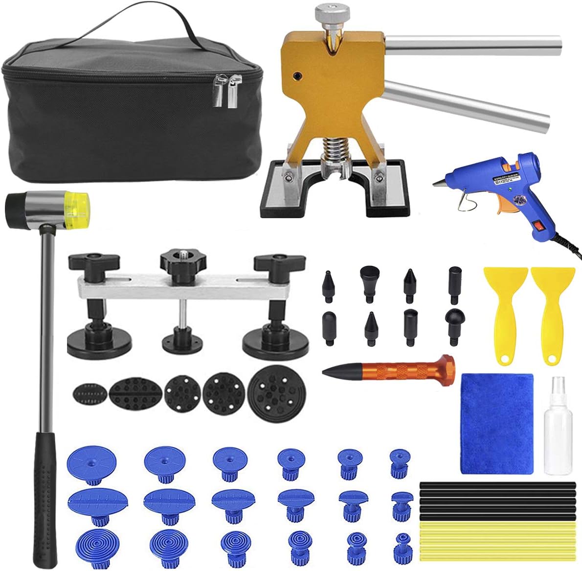MENQANG Outil Débosselage sans Peinture,41PCS Kit Débosselage Carrosserie avec Pistolet à Colle Marteau, Stylo de réparation pour Voiture,Réfrigérateur,Moto Corps,Porte (Golden+Bridge)