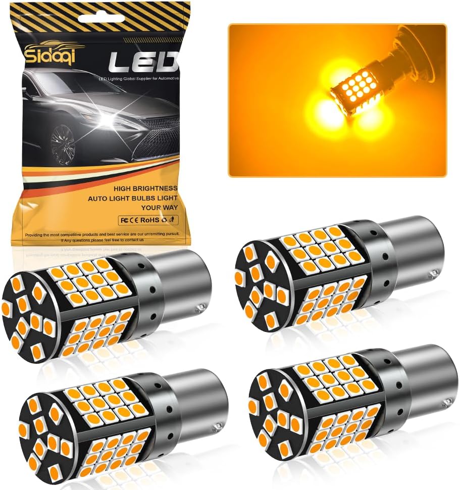 PY21W LED ampoule clignotant Jaune Canbus sans erreur ultra lumineuse 4000lm 57SMD 1156 BAU15S PY21W ampoule clignotant LED voiture avant et arrière Plug and Play 12-24V (pack de 4) 1156 BAU15S PY21W 581